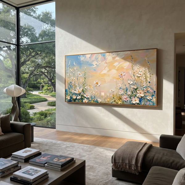 "White Daisy Meadow Painting" - Modern Heavy Impasto Floral Abstract | White & Blue Palette Knife Painting | Luxury Horizontal Wall Art #PT 1450