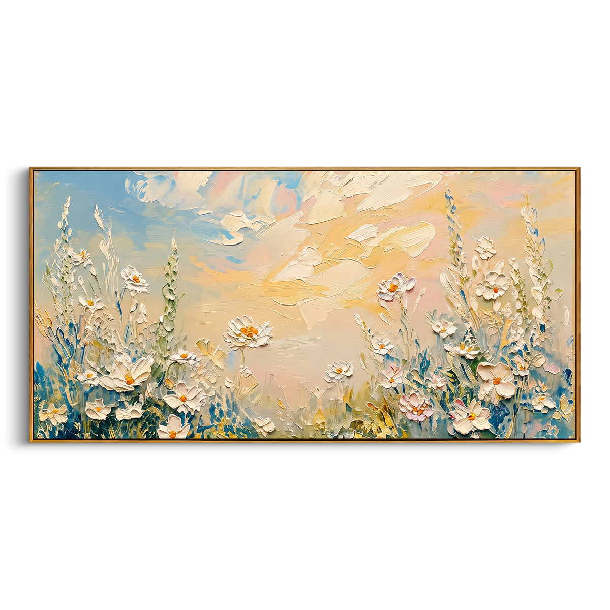 "White Daisy Meadow Painting" - Modern Heavy Impasto Floral Abstract | White & Blue Palette Knife Painting | Luxury Horizontal Wall Art #PT 1450