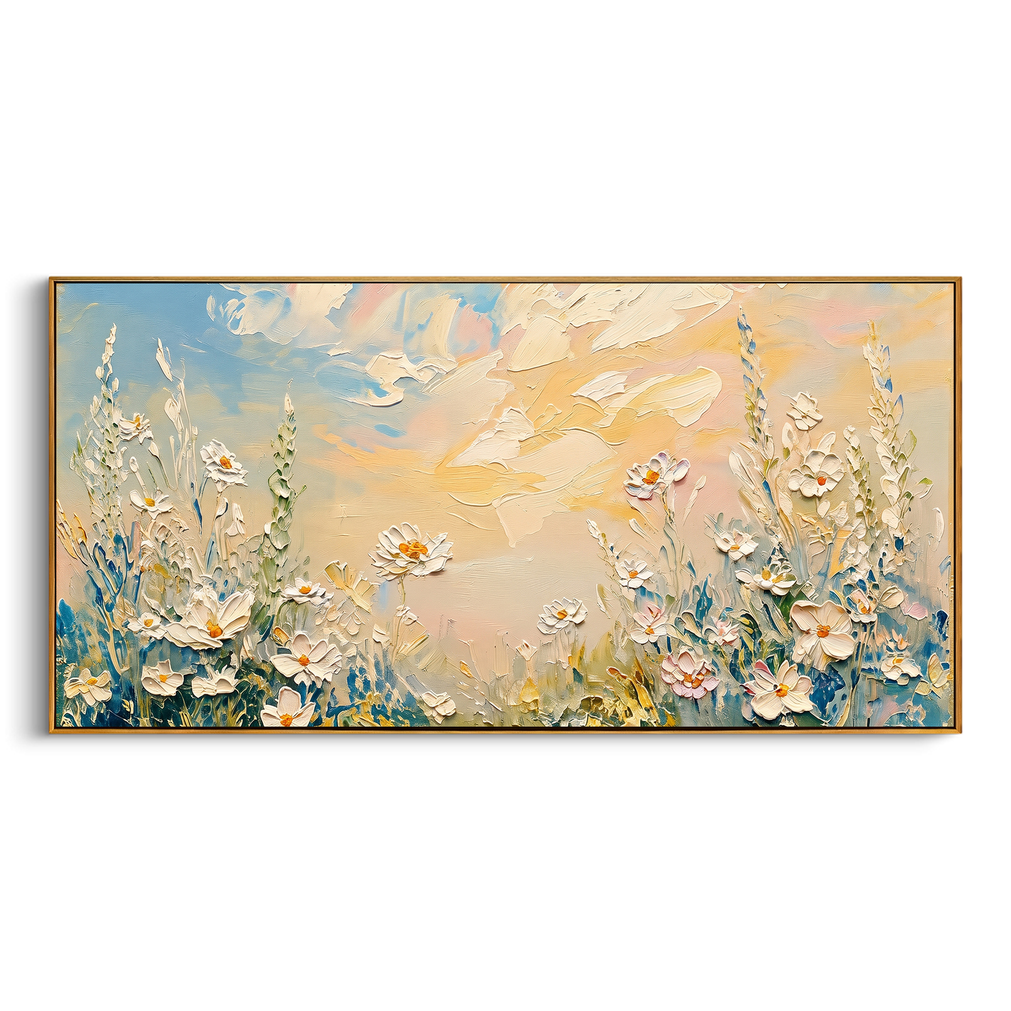 "White Daisy Meadow Painting" focuses on atmosphere, surface movement, and sculptural heavy impasto craftsmanship rather than a fixed literal storyline. The composition uses this hand-painted panoramic canvas presents white daisies and tall meadow stems along a peach and blue sky, with textured petals grouped across the lower panoramic canvas as the visual anchor, while layered palette-knife paint, raised plaster-like texture, and softened brush movement create tactile depth across the canvas.