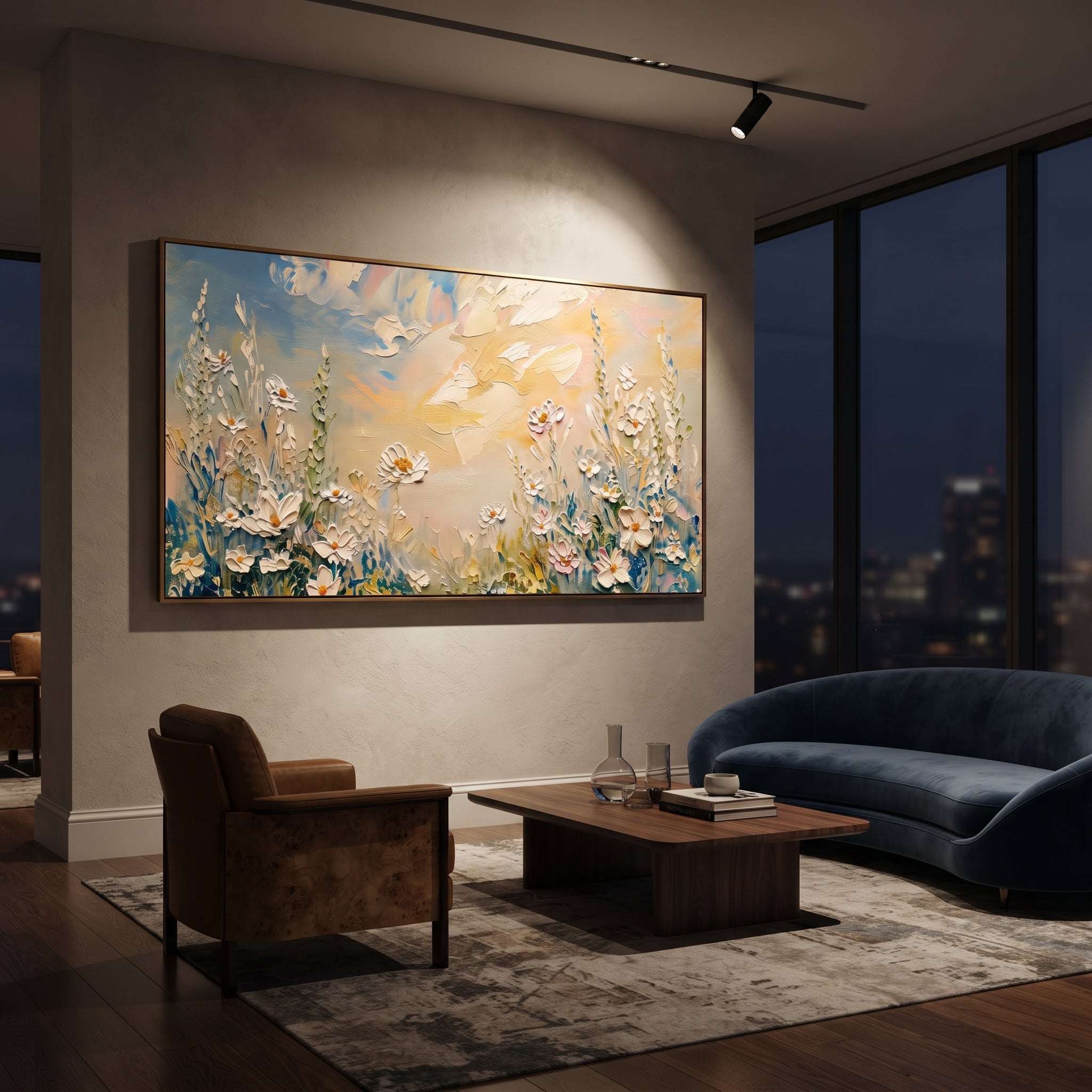 "White Daisy Meadow Painting" focuses on atmosphere, surface movement, and sculptural heavy impasto craftsmanship rather than a fixed literal storyline. The composition uses this hand-painted panoramic canvas presents white daisies and tall meadow stems along a peach and blue sky, with textured petals grouped across the lower panoramic canvas as the visual anchor, while layered palette-knife paint, raised plaster-like texture, and softened brush movement create tactile depth across the canvas.
