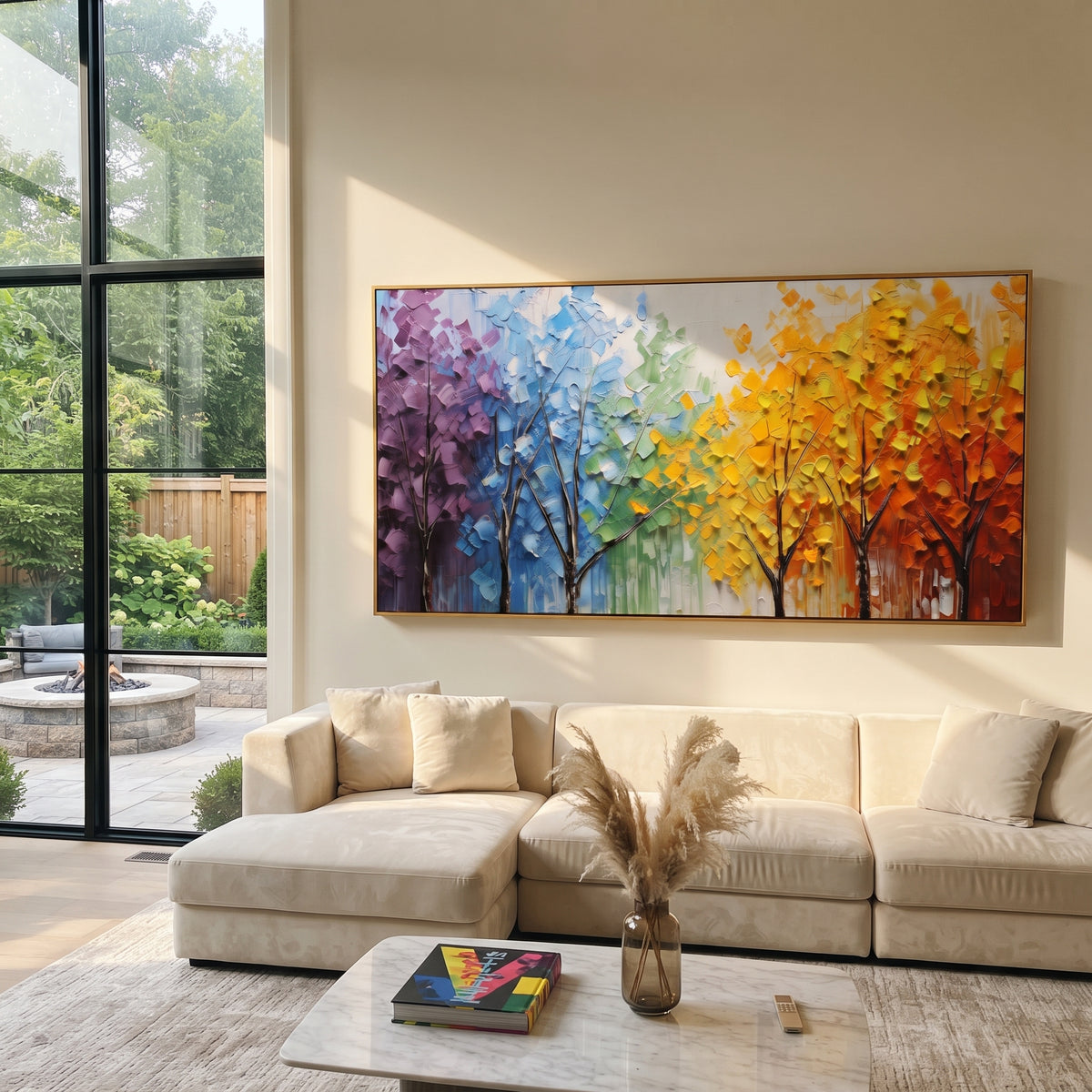 "Rainbow Tree Grove Painting" focuses on atmosphere, surface movement, and sculptural heavy impasto craftsmanship rather than a fixed literal storyline. The composition uses this hand-painted panoramic canvas presents a row of slender dark trees beneath purple, blue, green, yellow, orange, and red foliage, built with thick impasto strokes as the visual anchor, while layered palette-knife paint, raised plaster-like texture, and softened brush movement create tactile depth across the canvas.