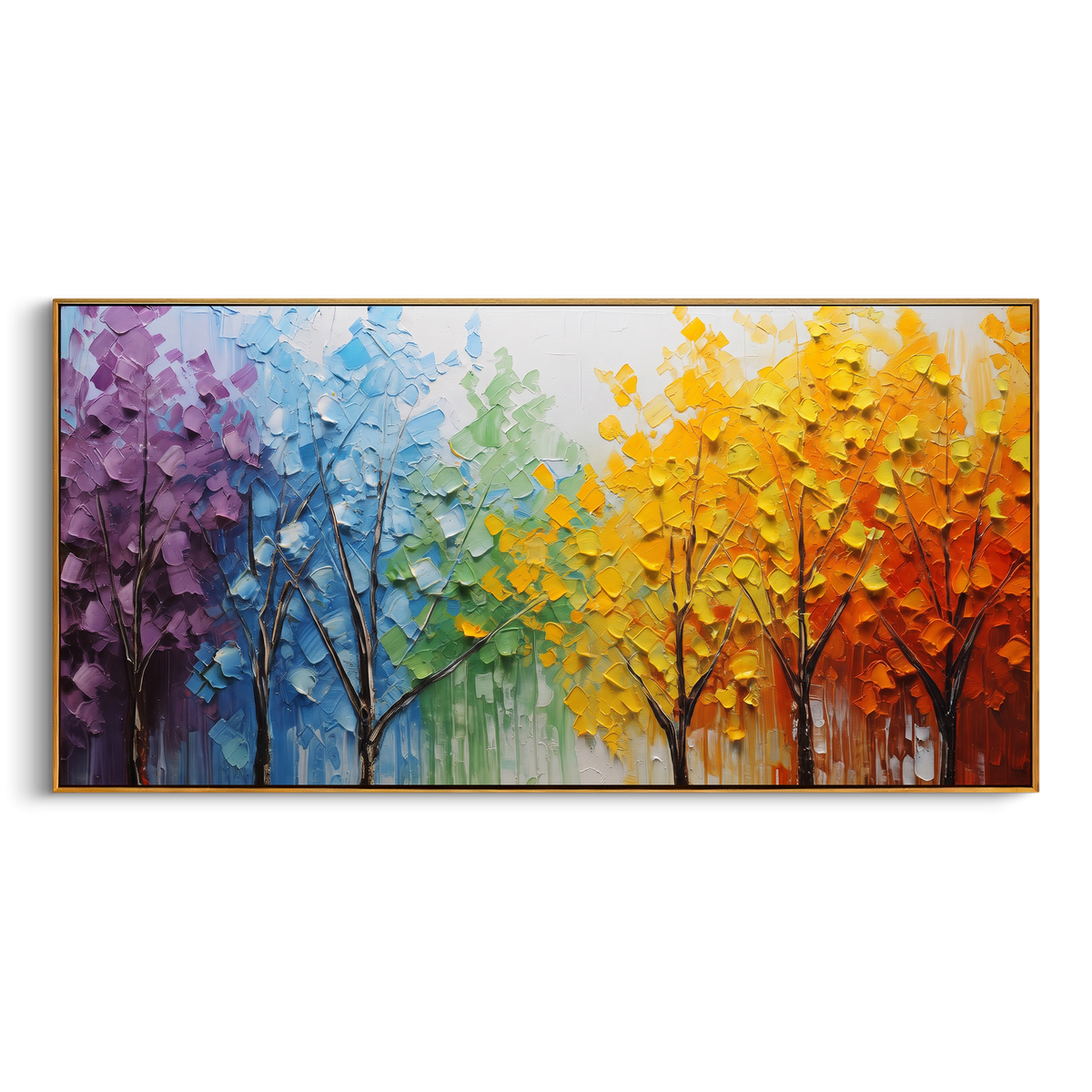 "Rainbow Tree Grove Painting" focuses on atmosphere, surface movement, and sculptural heavy impasto craftsmanship rather than a fixed literal storyline. The composition uses this hand-painted panoramic canvas presents a row of slender dark trees beneath purple, blue, green, yellow, orange, and red foliage, built with thick impasto strokes as the visual anchor, while layered palette-knife paint, raised plaster-like texture, and softened brush movement create tactile depth across the canvas.