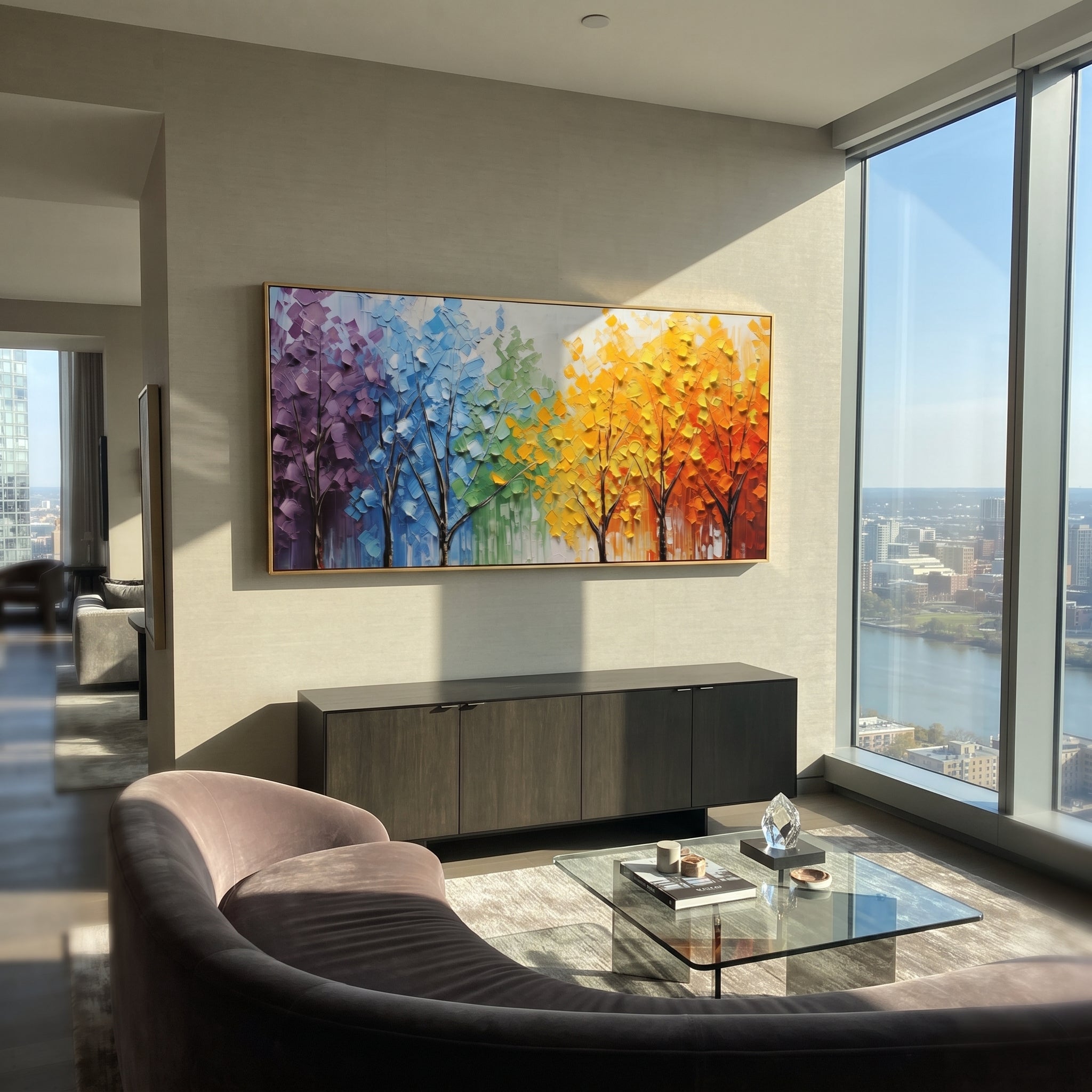 "Rainbow Tree Grove Painting" focuses on atmosphere, surface movement, and sculptural heavy impasto craftsmanship rather than a fixed literal storyline. The composition uses this hand-painted panoramic canvas presents a row of slender dark trees beneath purple, blue, green, yellow, orange, and red foliage, built with thick impasto strokes as the visual anchor, while layered palette-knife paint, raised plaster-like texture, and softened brush movement create tactile depth across the canvas.