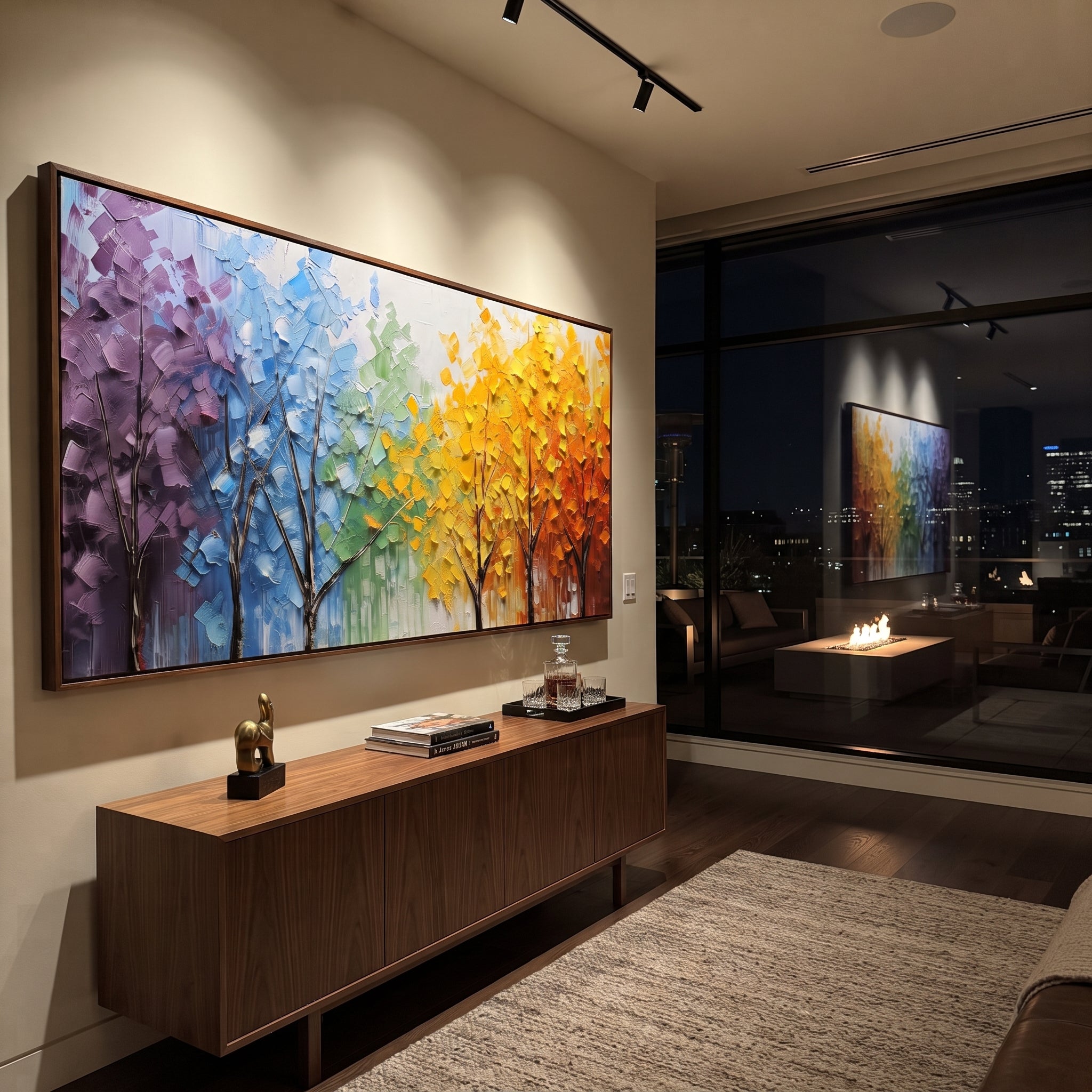 "Rainbow Tree Grove Painting" focuses on atmosphere, surface movement, and sculptural heavy impasto craftsmanship rather than a fixed literal storyline. The composition uses this hand-painted panoramic canvas presents a row of slender dark trees beneath purple, blue, green, yellow, orange, and red foliage, built with thick impasto strokes as the visual anchor, while layered palette-knife paint, raised plaster-like texture, and softened brush movement create tactile depth across the canvas.