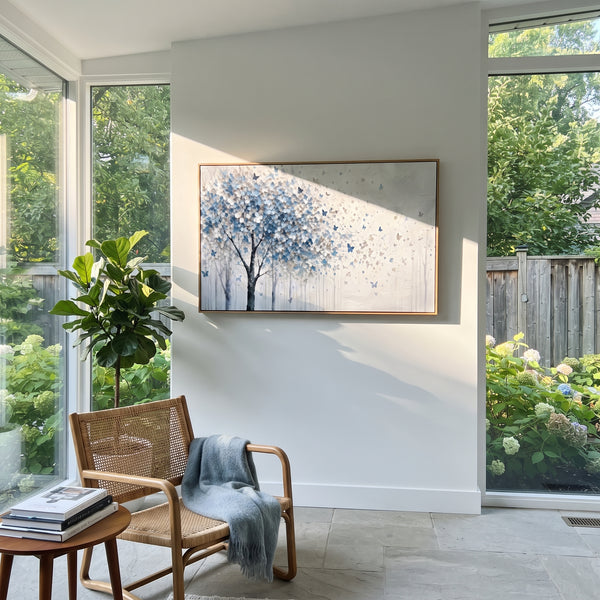 "Blue Butterfly Tree Painting" - Modern Heavy Impasto Floral Abstract | Blue & White Palette Knife Painting | Luxury Horizontal Wall Art #PT 1452