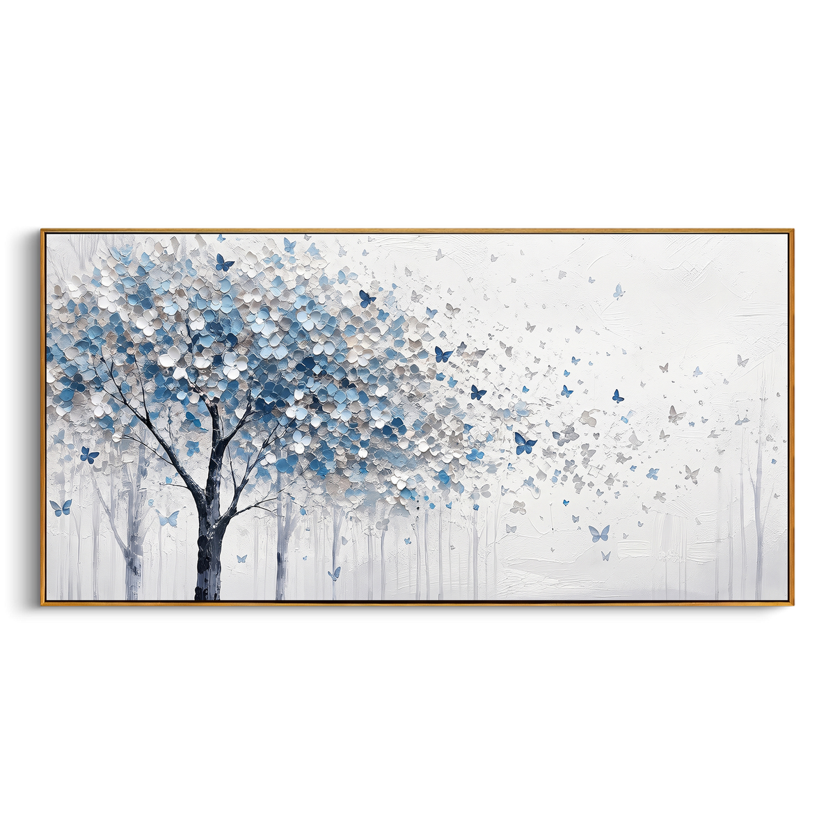 "Blue Butterfly Tree Painting" - Modern Heavy Impasto Floral Abstract | Blue & White Palette Knife Painting | Luxury Horizontal Wall Art #PT 1452