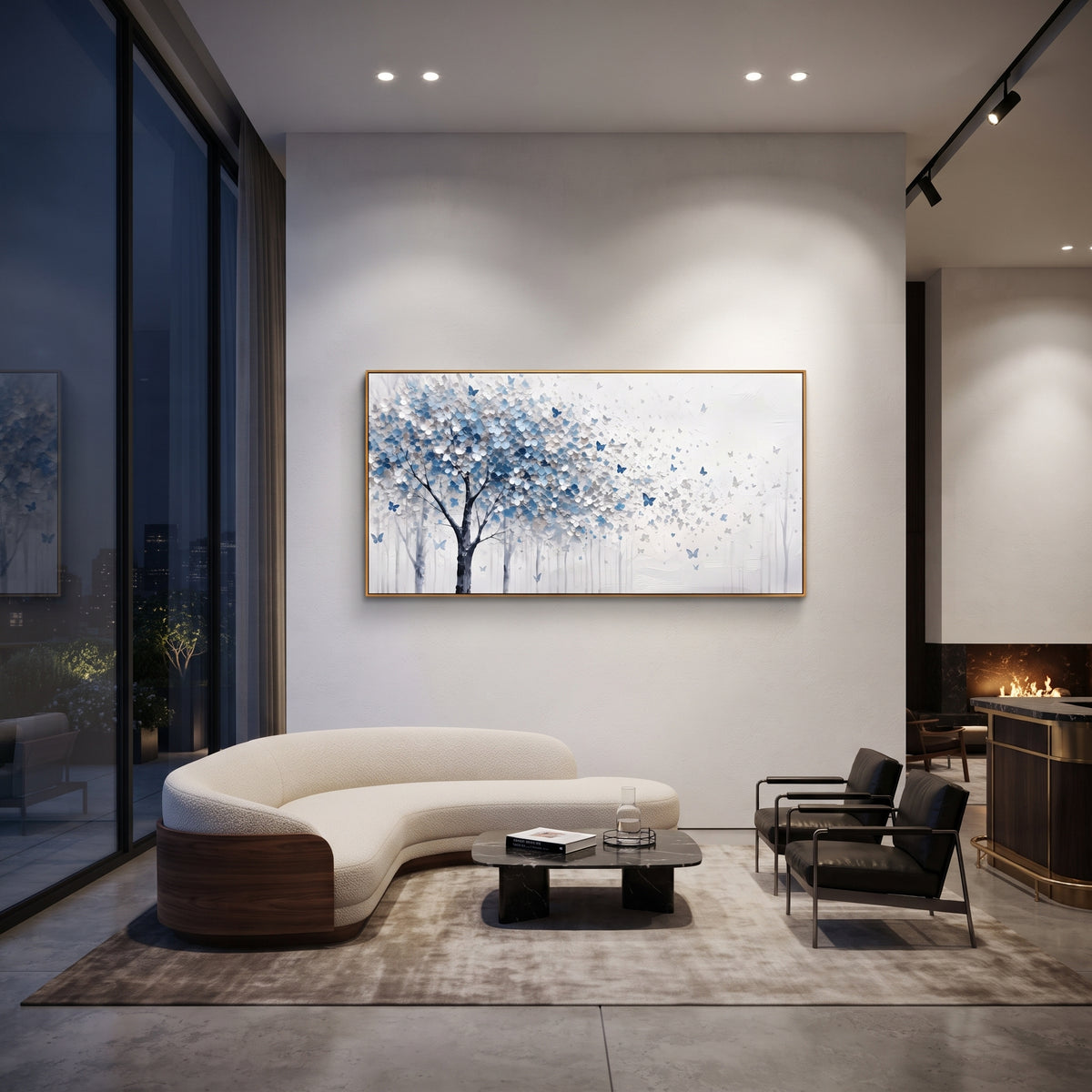 "Blue Butterfly Tree Painting" focuses on atmosphere, surface movement, and sculptural heavy impasto craftsmanship rather than a fixed literal storyline. The composition uses this hand-painted panoramic canvas presents a blue grey and white blossoming tree on the left with small blue butterflies drifting into an open white textured field as the visual anchor, while layered palette-knife paint, raised plaster-like texture, and softened brush movement create tactile depth across the canvas.