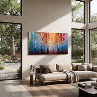 "Orange Blue Birch Forest Painting" focuses on atmosphere, surface movement, and sculptural heavy impasto craftsmanship rather than a fixed literal storyline. The composition uses this hand-painted panoramic canvas presents white birch trunks with glowing orange leaves against cool blue and teal forest haze, using raised textured paint as the visual anchor, while layered palette-knife paint, raised plaster-like texture, and softened brush movement create tactile depth across the canvas. Curated