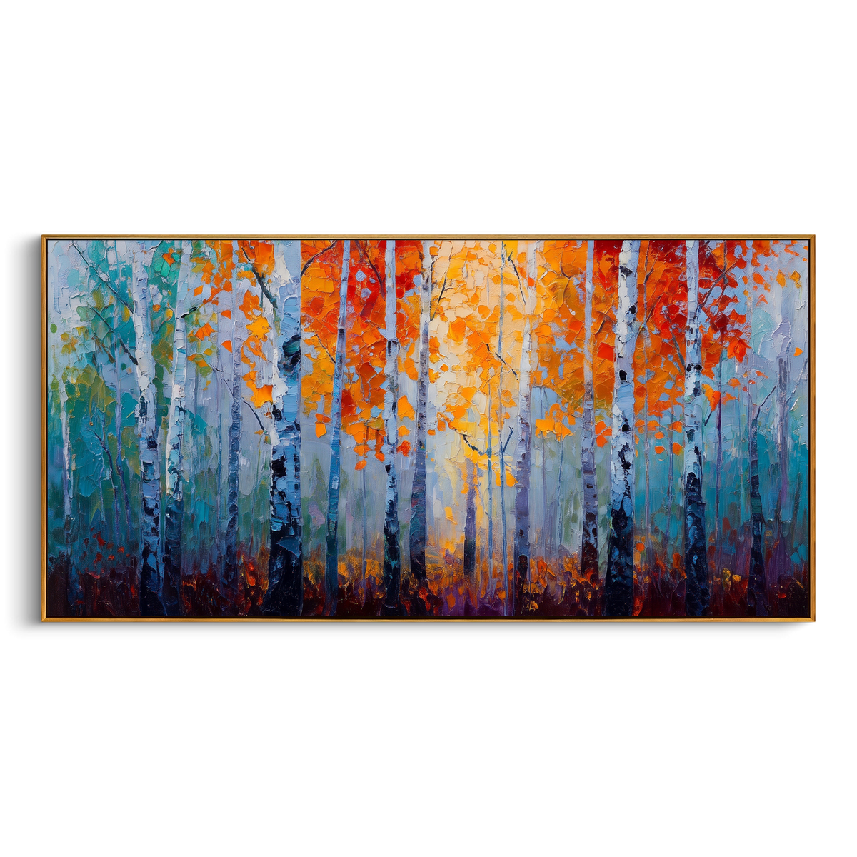 "Orange Blue Birch Forest Painting" - Modern Heavy Impasto Abstract Artwork | Orange & Blue Palette Knife Painting | Luxury Horizontal Wall Art #PT 1453