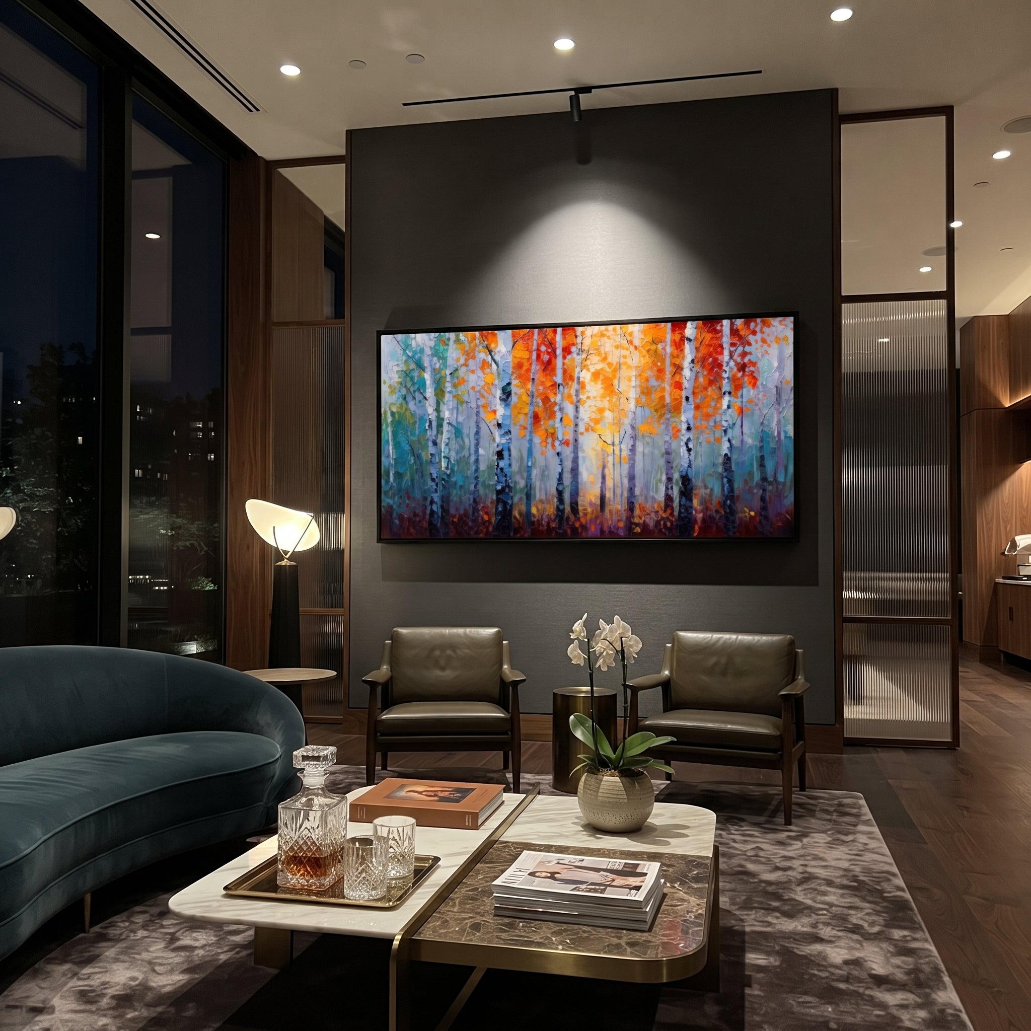 "Orange Blue Birch Forest Painting" focuses on atmosphere, surface movement, and sculptural heavy impasto craftsmanship rather than a fixed literal storyline. The composition uses this hand-painted panoramic canvas presents white birch trunks with glowing orange leaves against cool blue and teal forest haze, using raised textured paint as the visual anchor, while layered palette-knife paint, raised plaster-like texture, and softened brush movement create tactile depth across the canvas. Curated