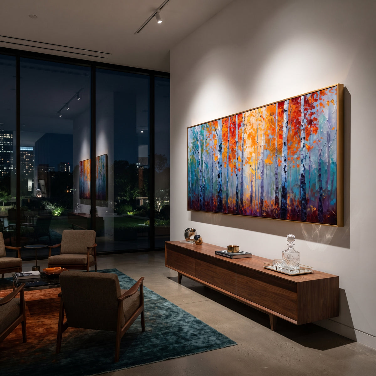 "Orange Blue Birch Forest Painting" focuses on atmosphere, surface movement, and sculptural heavy impasto craftsmanship rather than a fixed literal storyline. The composition uses this hand-painted panoramic canvas presents white birch trunks with glowing orange leaves against cool blue and teal forest haze, using raised textured paint as the visual anchor, while layered palette-knife paint, raised plaster-like texture, and softened brush movement create tactile depth across the canvas. Curated