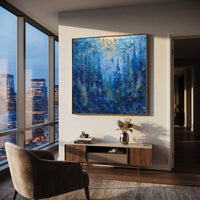 "Blue Pine Forest Painting" focuses on atmosphere, surface movement, and sculptural heavy impasto craftsmanship rather than a fixed literal storyline. The composition uses this hand-painted square canvas presents deep blue evergreen trees beneath pale golden sky light, with dense layered palette-knife texture throughout the forest as the visual anchor, while layered palette-knife paint, raised plaster-like texture, and softened brush movement create tactile depth across the canvas. Curated with