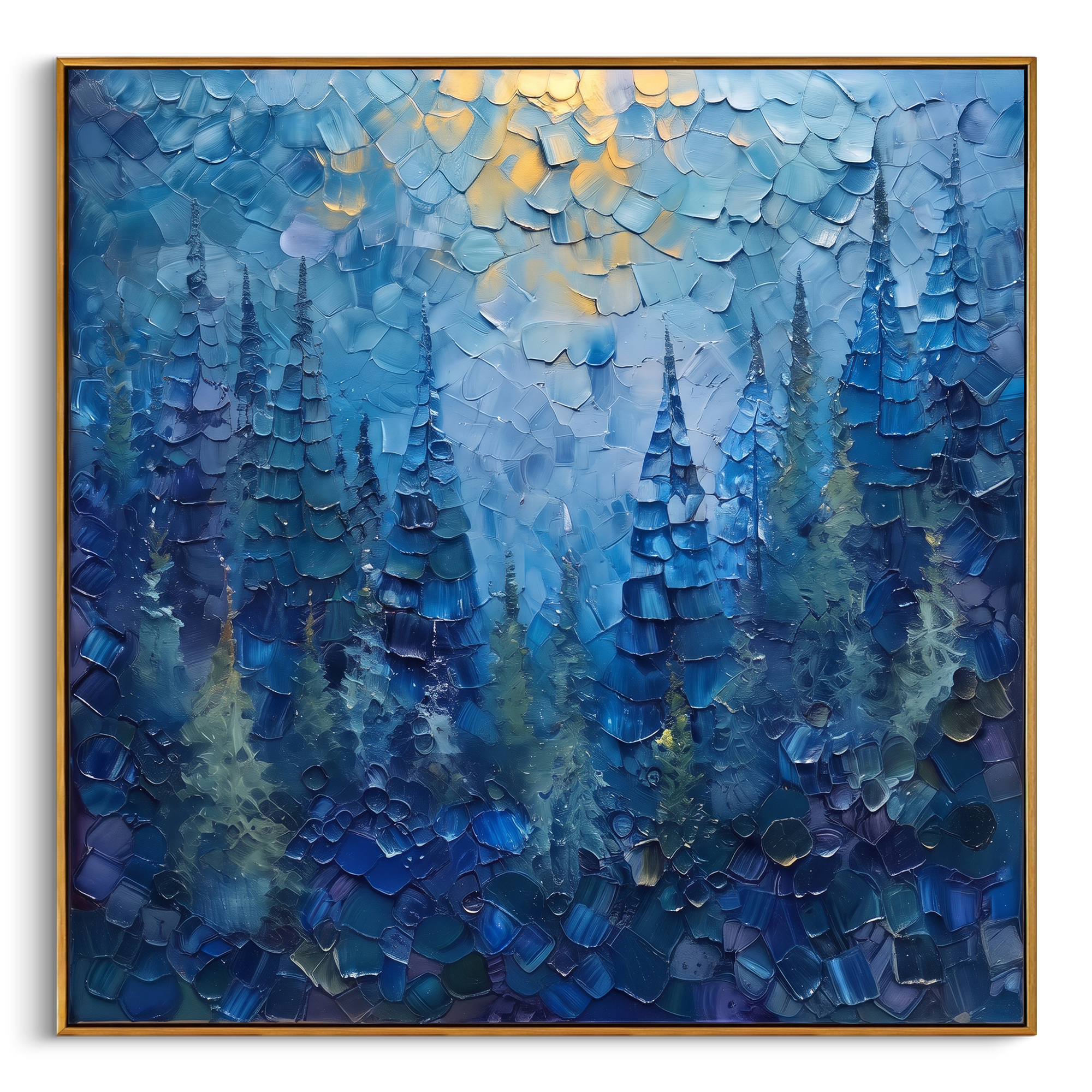 "Blue Pine Forest Painting" focuses on atmosphere, surface movement, and sculptural heavy impasto craftsmanship rather than a fixed literal storyline. The composition uses this hand-painted square canvas presents deep blue evergreen trees beneath pale golden sky light, with dense layered palette-knife texture throughout the forest as the visual anchor, while layered palette-knife paint, raised plaster-like texture, and softened brush movement create tactile depth across the canvas. Curated with
