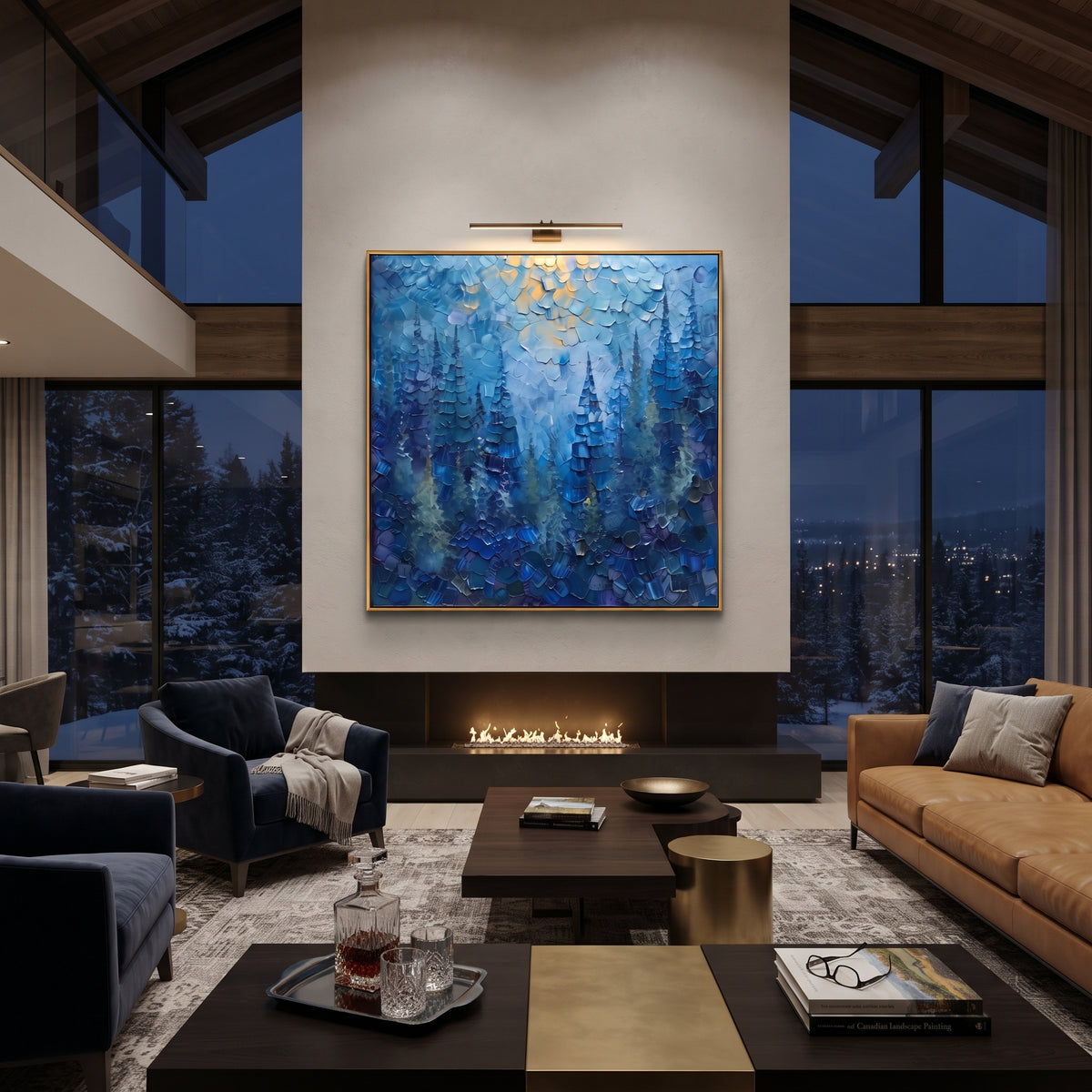 "Blue Pine Forest Painting" focuses on atmosphere, surface movement, and sculptural heavy impasto craftsmanship rather than a fixed literal storyline. The composition uses this hand-painted square canvas presents deep blue evergreen trees beneath pale golden sky light, with dense layered palette-knife texture throughout the forest as the visual anchor, while layered palette-knife paint, raised plaster-like texture, and softened brush movement create tactile depth across the canvas. Curated with