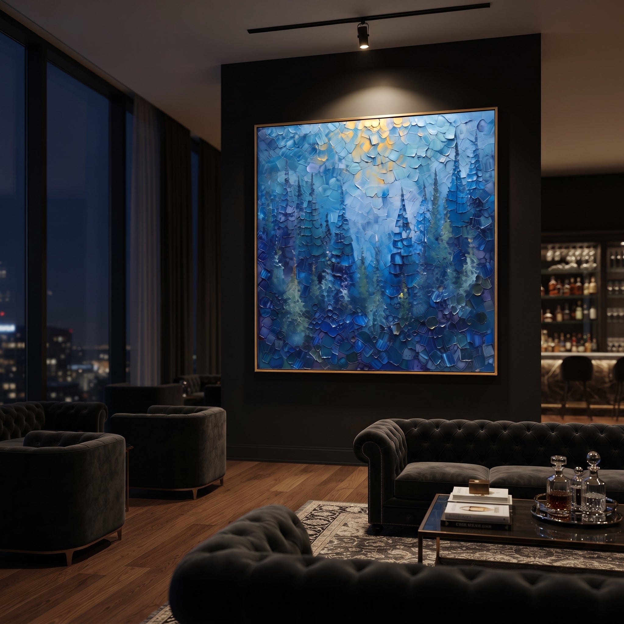 "Blue Pine Forest Painting" focuses on atmosphere, surface movement, and sculptural heavy impasto craftsmanship rather than a fixed literal storyline. The composition uses this hand-painted square canvas presents deep blue evergreen trees beneath pale golden sky light, with dense layered palette-knife texture throughout the forest as the visual anchor, while layered palette-knife paint, raised plaster-like texture, and softened brush movement create tactile depth across the canvas. Curated with