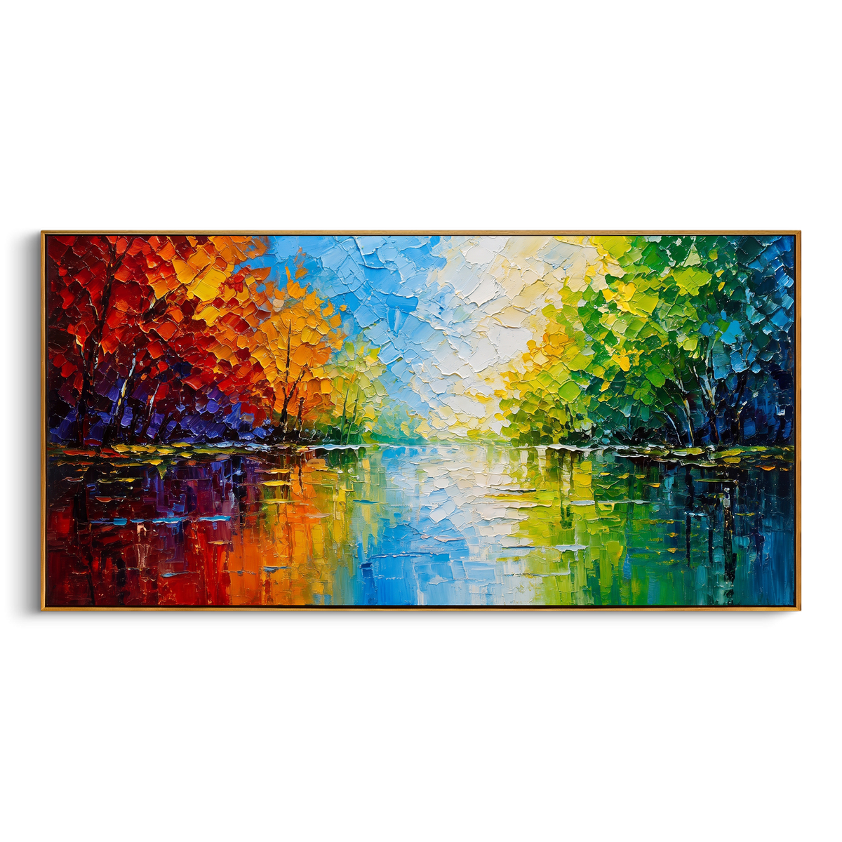 "Colorful Lake Reflection Painting" - Modern Heavy Impasto Abstract Artwork | Blue & Green Palette Knife Painting | Luxury Horizontal Wall Art #PT 1455