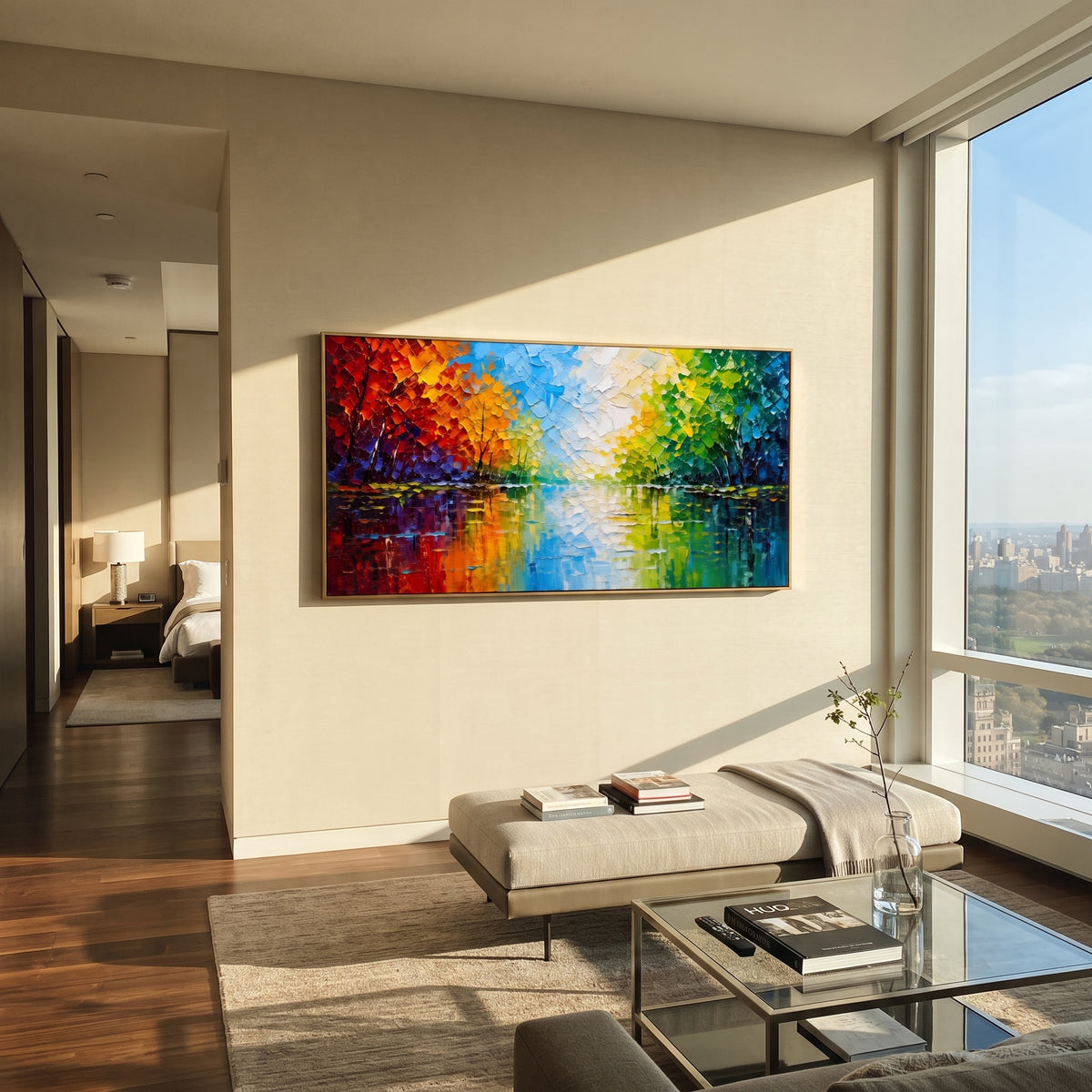 "Colorful Lake Reflection Painting" focuses on atmosphere, surface movement, and sculptural heavy impasto craftsmanship rather than a fixed literal storyline. The composition uses this hand-painted panoramic canvas presents a bright lake reflection scene with red orange trees on the left, green trees on the right, blue water, and a white glowing center as the visual anchor, while layered palette-knife paint, raised plaster-like texture, and softened brush movement create tactile depth across the