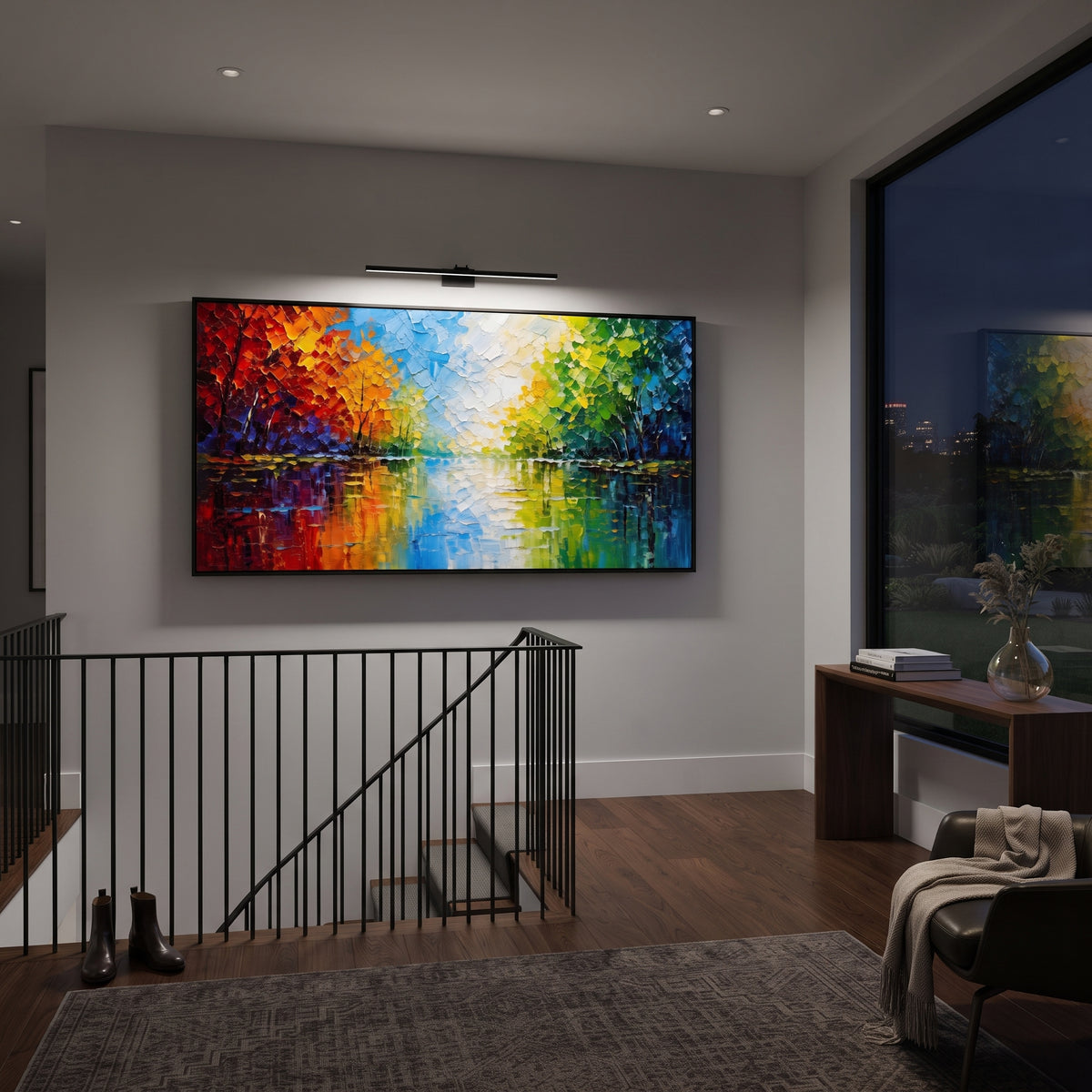 "Colorful Lake Reflection Painting" focuses on atmosphere, surface movement, and sculptural heavy impasto craftsmanship rather than a fixed literal storyline. The composition uses this hand-painted panoramic canvas presents a bright lake reflection scene with red orange trees on the left, green trees on the right, blue water, and a white glowing center as the visual anchor, while layered palette-knife paint, raised plaster-like texture, and softened brush movement create tactile depth across the