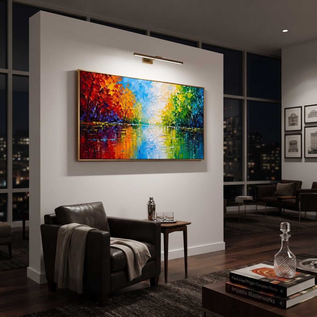 "Colorful Lake Reflection Painting" focuses on atmosphere, surface movement, and sculptural heavy impasto craftsmanship rather than a fixed literal storyline. The composition uses this hand-painted panoramic canvas presents a bright lake reflection scene with red orange trees on the left, green trees on the right, blue water, and a white glowing center as the visual anchor, while layered palette-knife paint, raised plaster-like texture, and softened brush movement create tactile depth across the