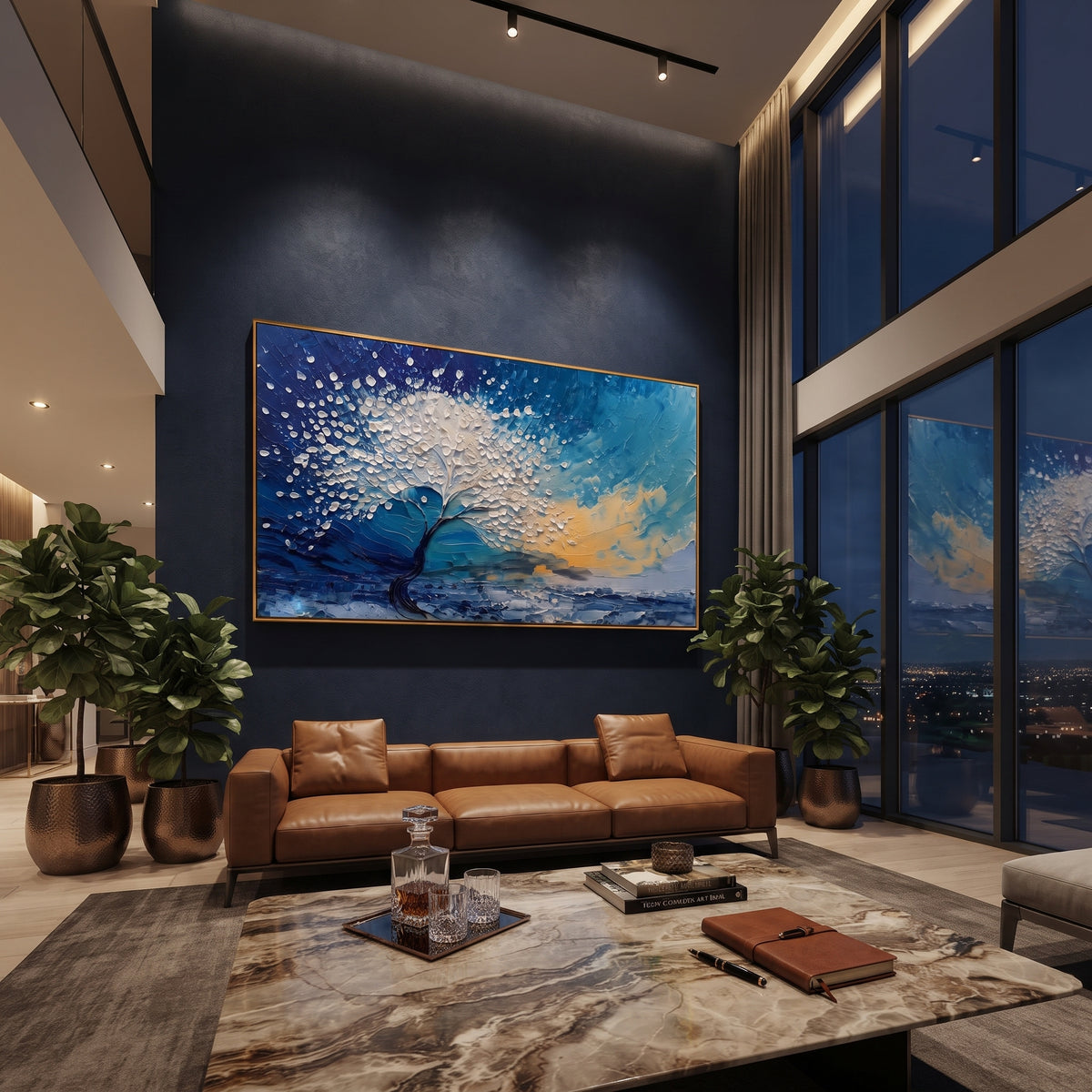 "White Wind Tree Painting" focuses on atmosphere, surface movement, and sculptural heavy impasto craftsmanship rather than a fixed literal storyline. The composition uses this hand-painted panoramic canvas presents a wind-bent white blossom tree over blue water and sky, with deep navy shadows and warm beige sunset texture as the visual anchor, while layered palette-knife paint, raised plaster-like texture, and softened brush movement create tactile depth across the canvas. Curated with a