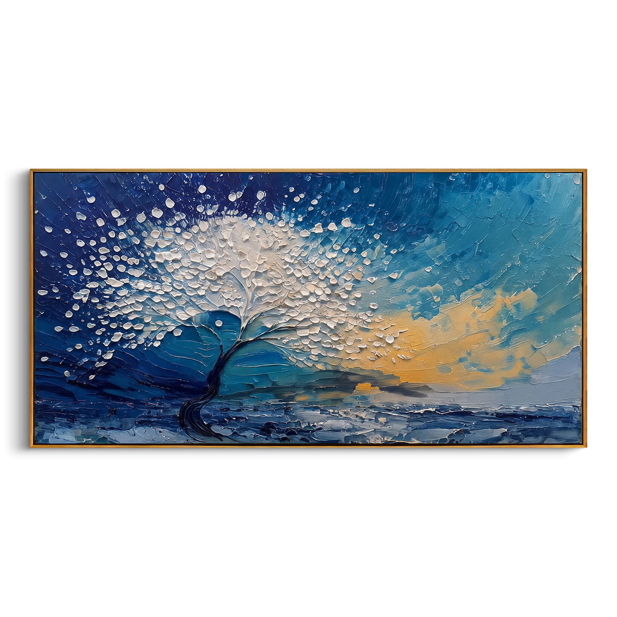 "White Wind Tree Painting" focuses on atmosphere, surface movement, and sculptural heavy impasto craftsmanship rather than a fixed literal storyline. The composition uses this hand-painted panoramic canvas presents a wind-bent white blossom tree over blue water and sky, with deep navy shadows and warm beige sunset texture as the visual anchor, while layered palette-knife paint, raised plaster-like texture, and softened brush movement create tactile depth across the canvas. Curated with a
