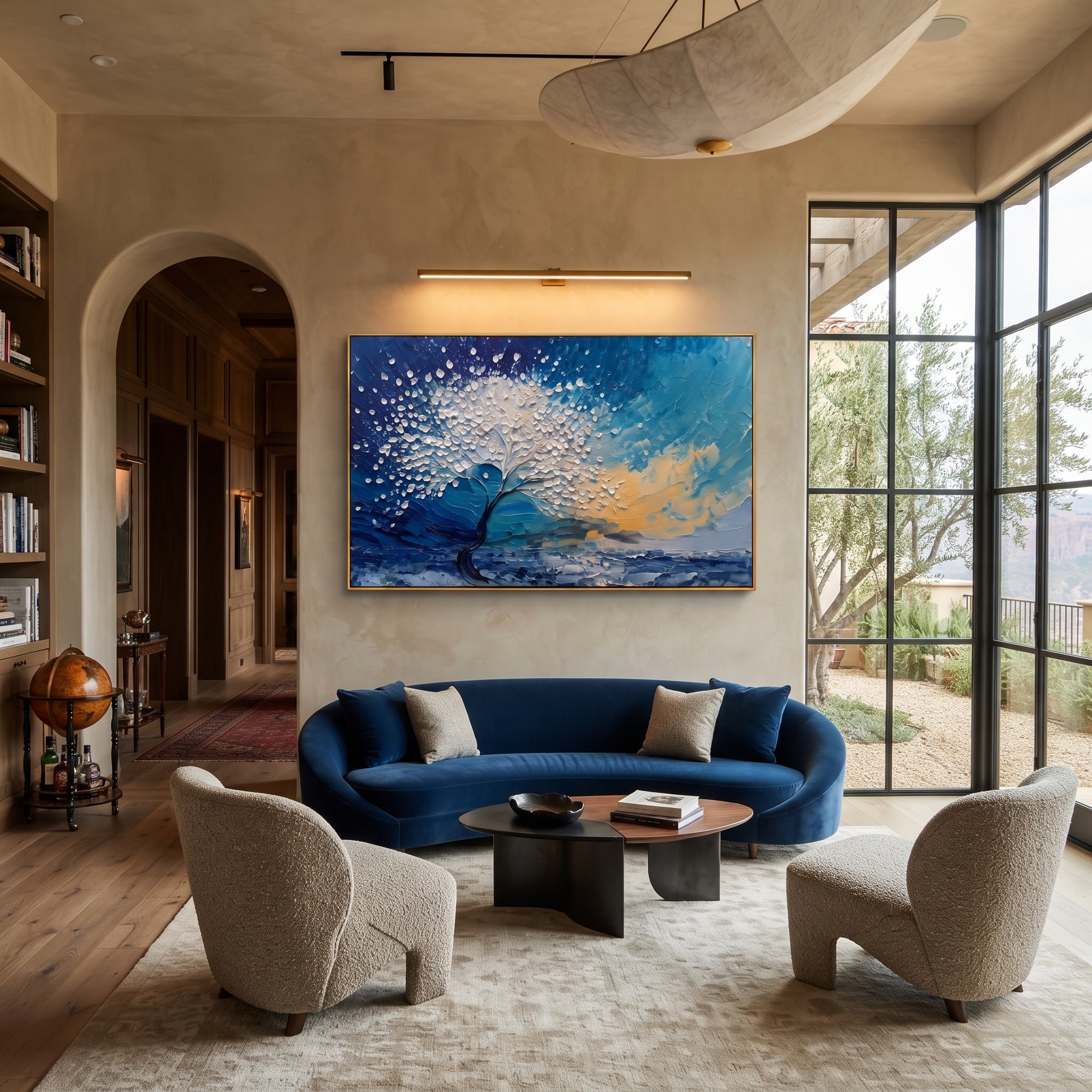 "White Wind Tree Painting" focuses on atmosphere, surface movement, and sculptural heavy impasto craftsmanship rather than a fixed literal storyline. The composition uses this hand-painted panoramic canvas presents a wind-bent white blossom tree over blue water and sky, with deep navy shadows and warm beige sunset texture as the visual anchor, while layered palette-knife paint, raised plaster-like texture, and softened brush movement create tactile depth across the canvas. Curated with a