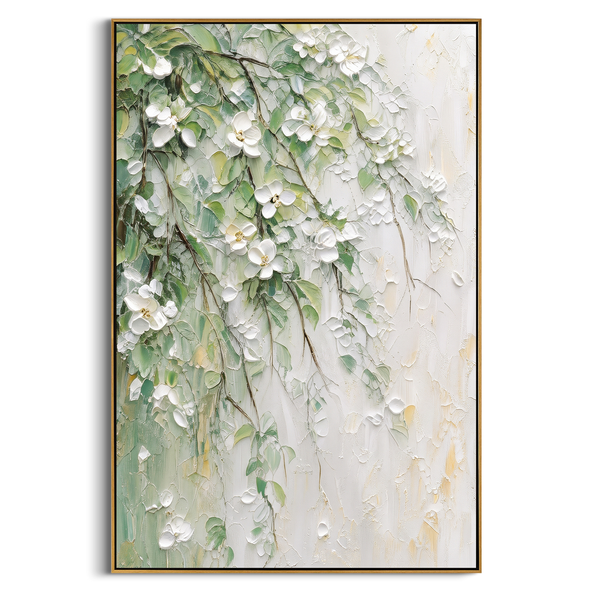 "White Green Floral Branch Painting" focuses on atmosphere, surface movement, and sculptural heavy impasto craftsmanship rather than a fixed literal storyline. The composition uses this hand-painted vertical canvas presents white raised blossoms and green leaves trailing diagonally over a pale textured wall, with thin brown branches and soft gold touches as the visual anchor, while layered palette-knife paint, raised plaster-like texture, and softened brush movement create tactile depth across