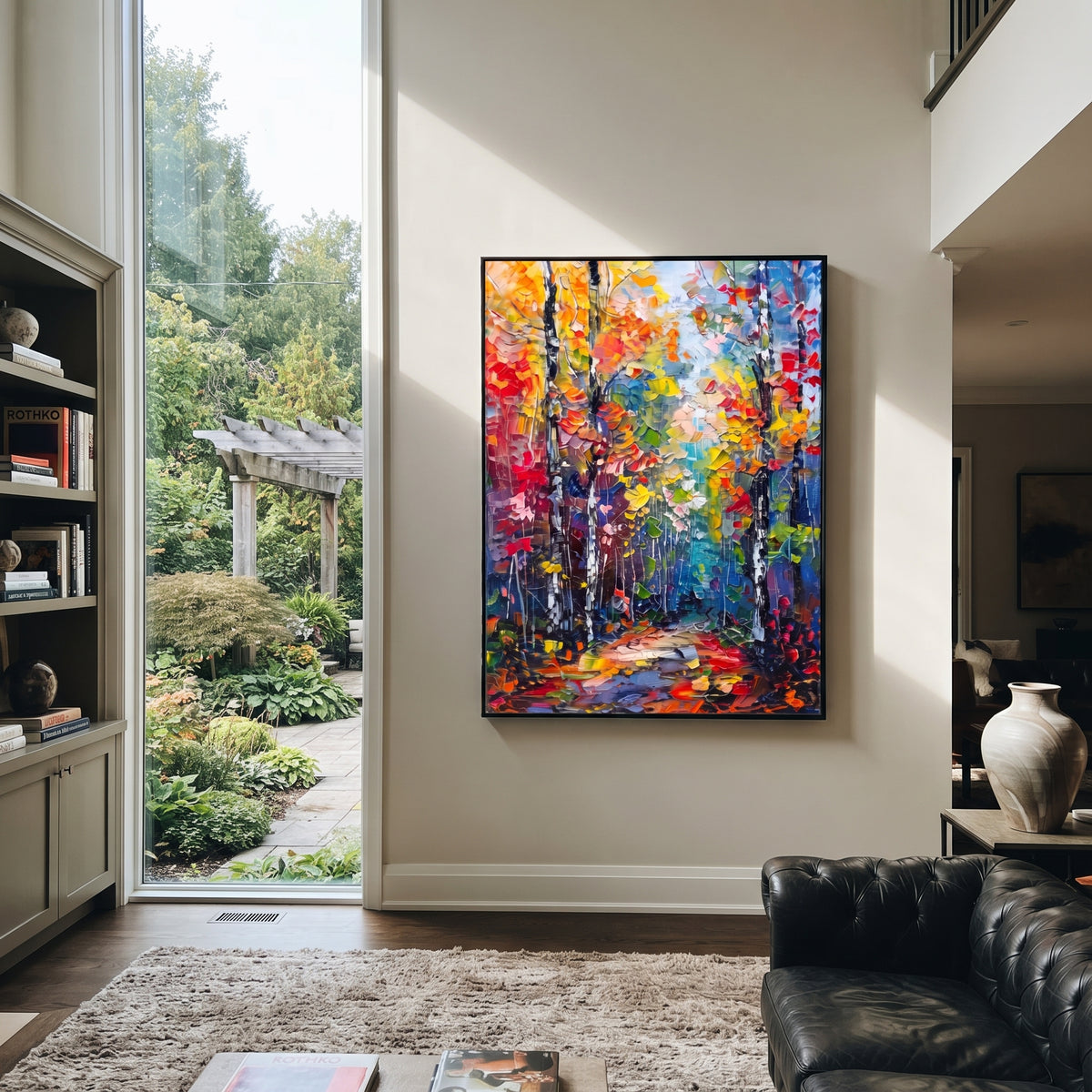 "Colorful Birch Trail Painting" focuses on atmosphere, surface movement, and sculptural heavy impasto craftsmanship rather than a fixed literal storyline. The composition uses this hand-painted vertical canvas presents a tall birch forest trail with black and white trunks, orange yellow red foliage, teal blue shadows, and lively palette-knife texture as the visual anchor, while layered palette-knife paint, raised plaster-like texture, and softened brush movement create tactile depth across the