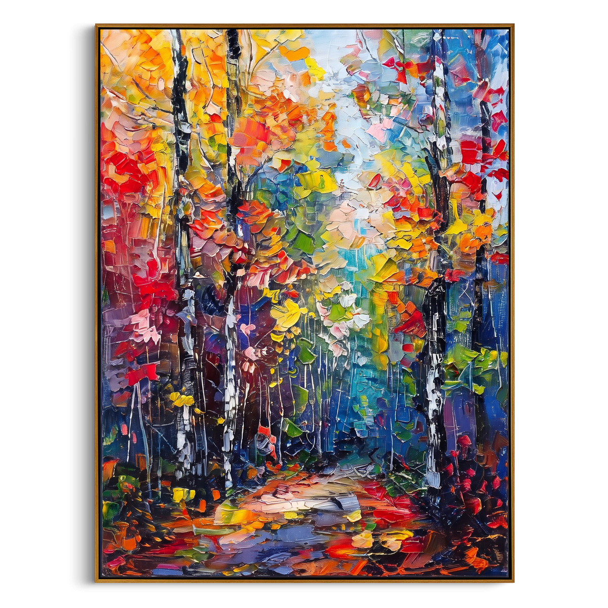 "Colorful Birch Trail Painting" - Modern Heavy Impasto Abstract Artwork | Gold & Blue Palette Knife Painting | Luxury Vertical Wall Art #PT 1458