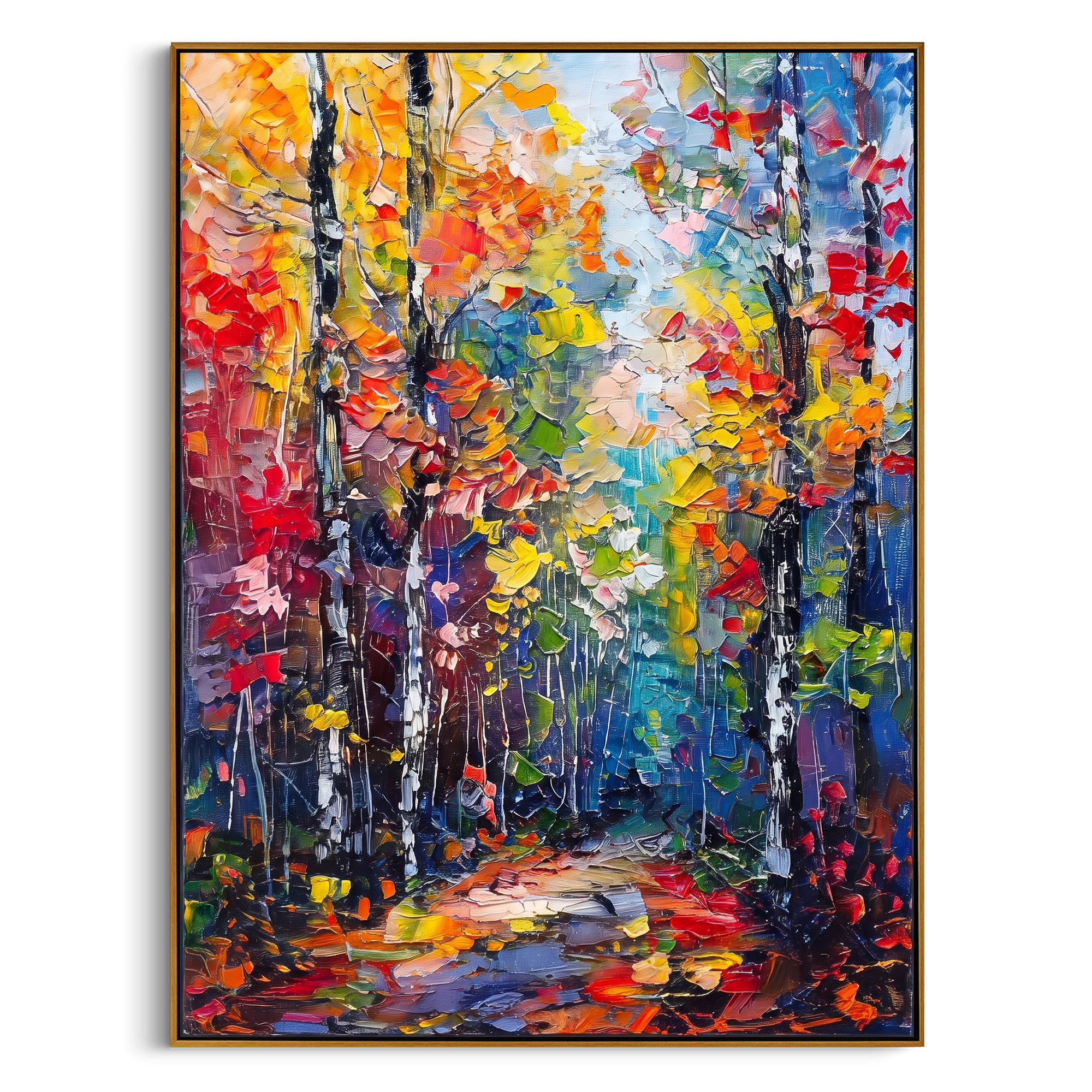 "Colorful Birch Trail Painting" focuses on atmosphere, surface movement, and sculptural heavy impasto craftsmanship rather than a fixed literal storyline. The composition uses this hand-painted vertical canvas presents a tall birch forest trail with black and white trunks, orange yellow red foliage, teal blue shadows, and lively palette-knife texture as the visual anchor, while layered palette-knife paint, raised plaster-like texture, and softened brush movement create tactile depth across the