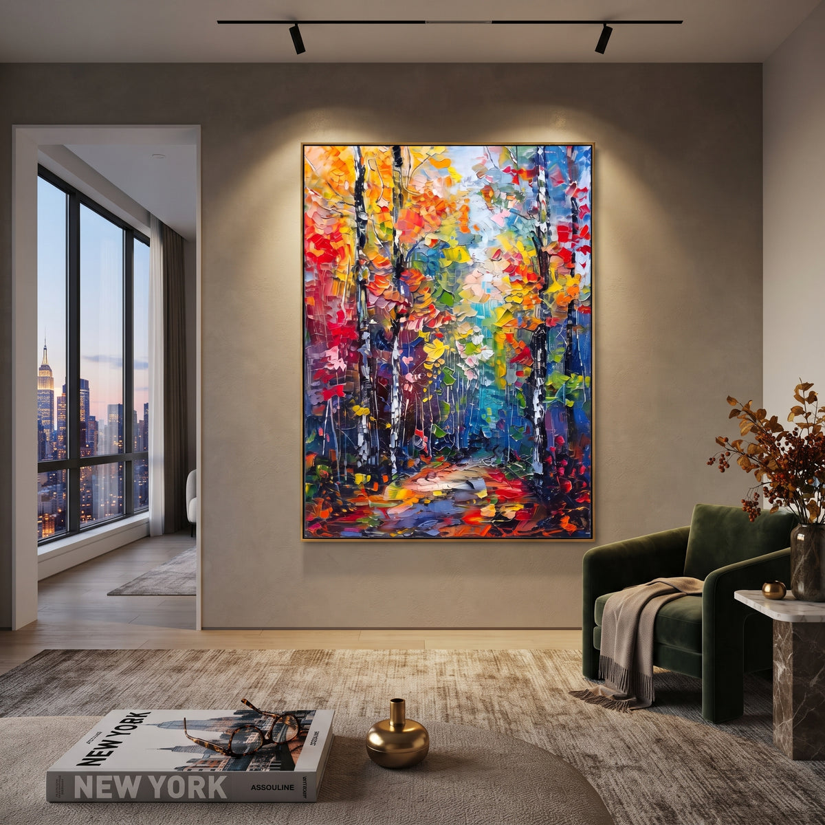 "Colorful Birch Trail Painting" focuses on atmosphere, surface movement, and sculptural heavy impasto craftsmanship rather than a fixed literal storyline. The composition uses this hand-painted vertical canvas presents a tall birch forest trail with black and white trunks, orange yellow red foliage, teal blue shadows, and lively palette-knife texture as the visual anchor, while layered palette-knife paint, raised plaster-like texture, and softened brush movement create tactile depth across the