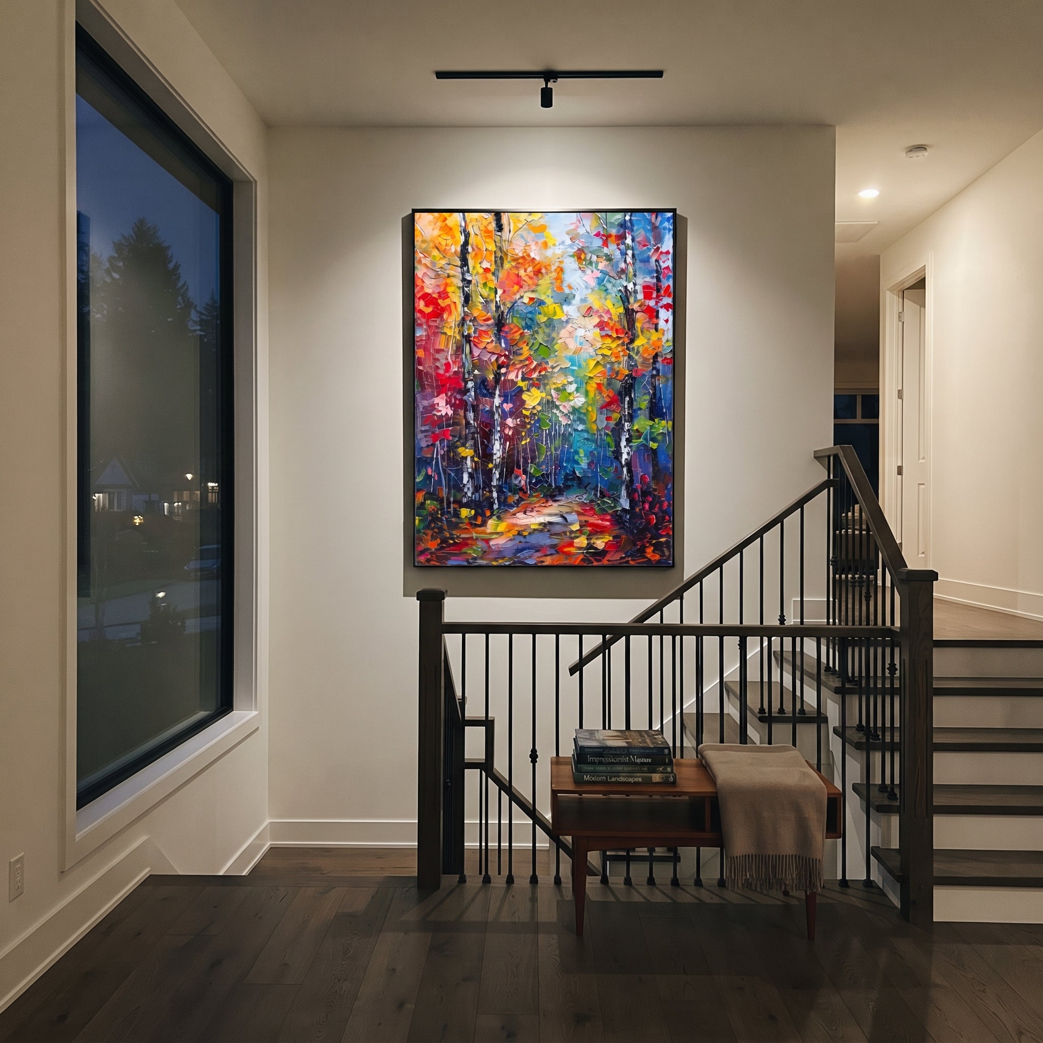"Colorful Birch Trail Painting" focuses on atmosphere, surface movement, and sculptural heavy impasto craftsmanship rather than a fixed literal storyline. The composition uses this hand-painted vertical canvas presents a tall birch forest trail with black and white trunks, orange yellow red foliage, teal blue shadows, and lively palette-knife texture as the visual anchor, while layered palette-knife paint, raised plaster-like texture, and softened brush movement create tactile depth across the