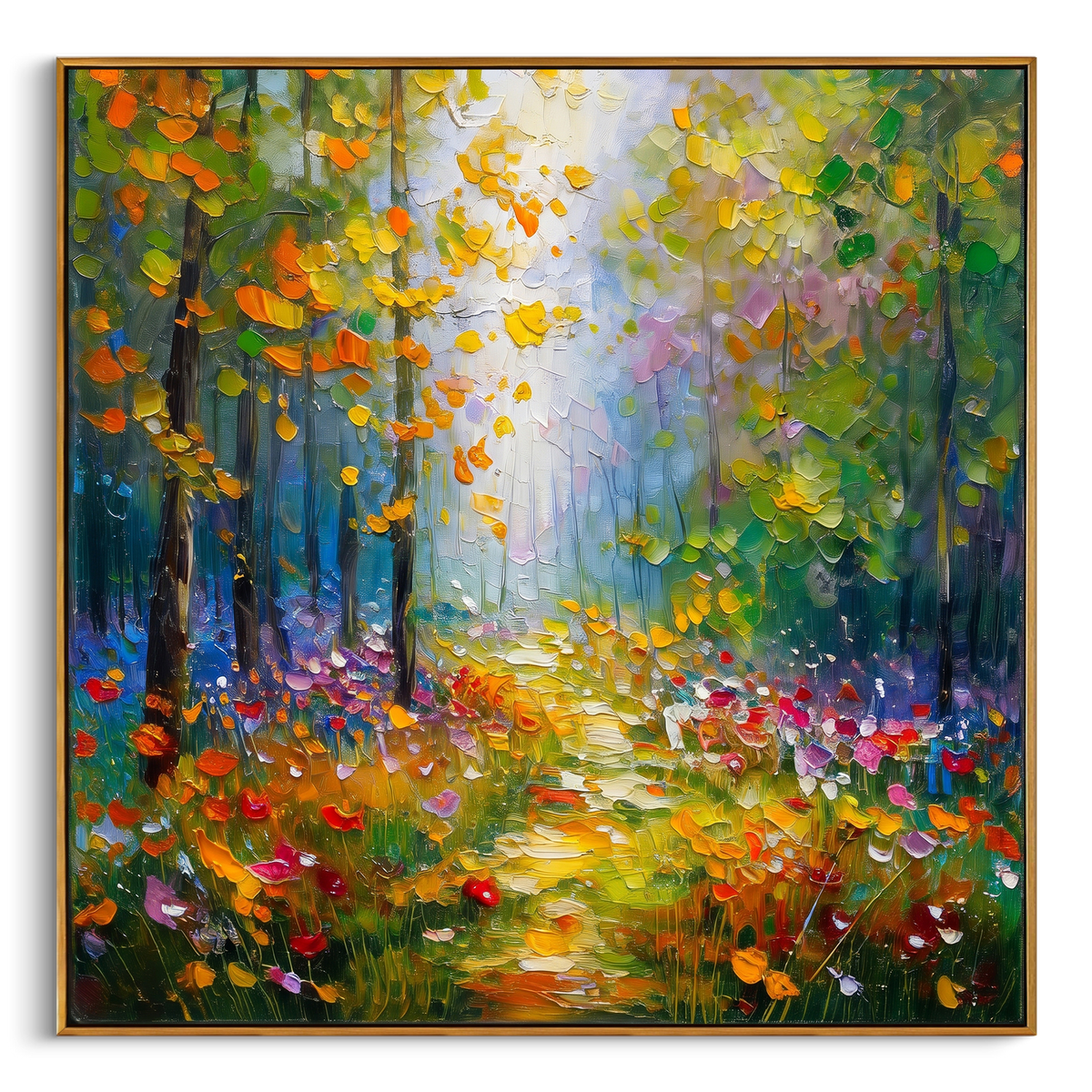 "Sunlit Green Woodland Painting" - Modern Heavy Impasto Abstract Artwork | Gold & Yellow Palette Knife Painting | Luxury Square Wall Art #PT 1459