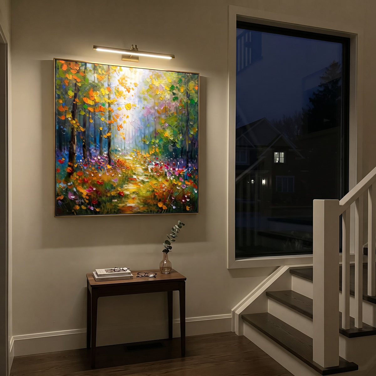 "Sunlit Green Woodland Painting" focuses on atmosphere, surface movement, and sculptural heavy impasto craftsmanship rather than a fixed literal storyline. The composition uses this hand-painted square canvas presents a square woodland path glowing with yellow light, green foliage, orange leaves, and small colorful meadow accents as the visual anchor, while layered palette-knife paint, raised plaster-like texture, and softened brush movement create tactile depth across the canvas. Curated with a