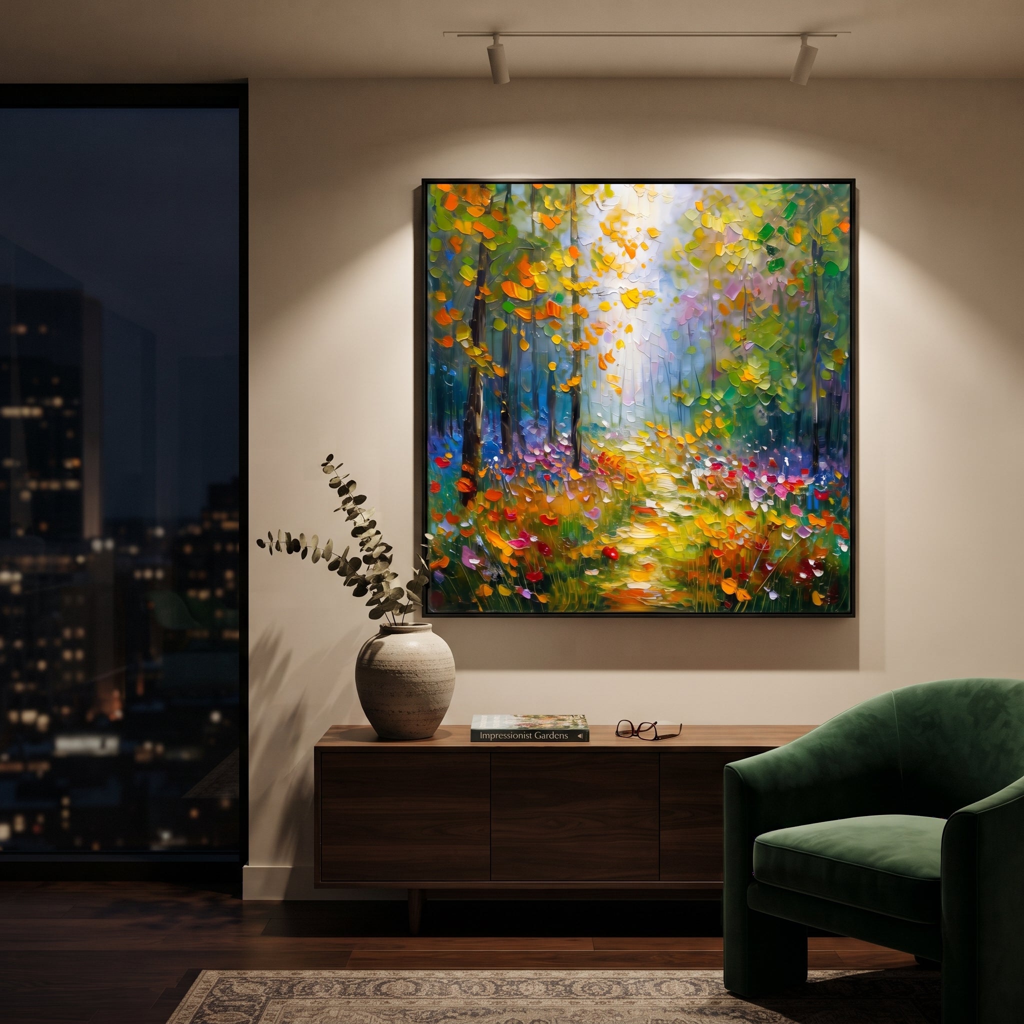 "Sunlit Green Woodland Painting" focuses on atmosphere, surface movement, and sculptural heavy impasto craftsmanship rather than a fixed literal storyline. The composition uses this hand-painted square canvas presents a square woodland path glowing with yellow light, green foliage, orange leaves, and small colorful meadow accents as the visual anchor, while layered palette-knife paint, raised plaster-like texture, and softened brush movement create tactile depth across the canvas. Curated with a