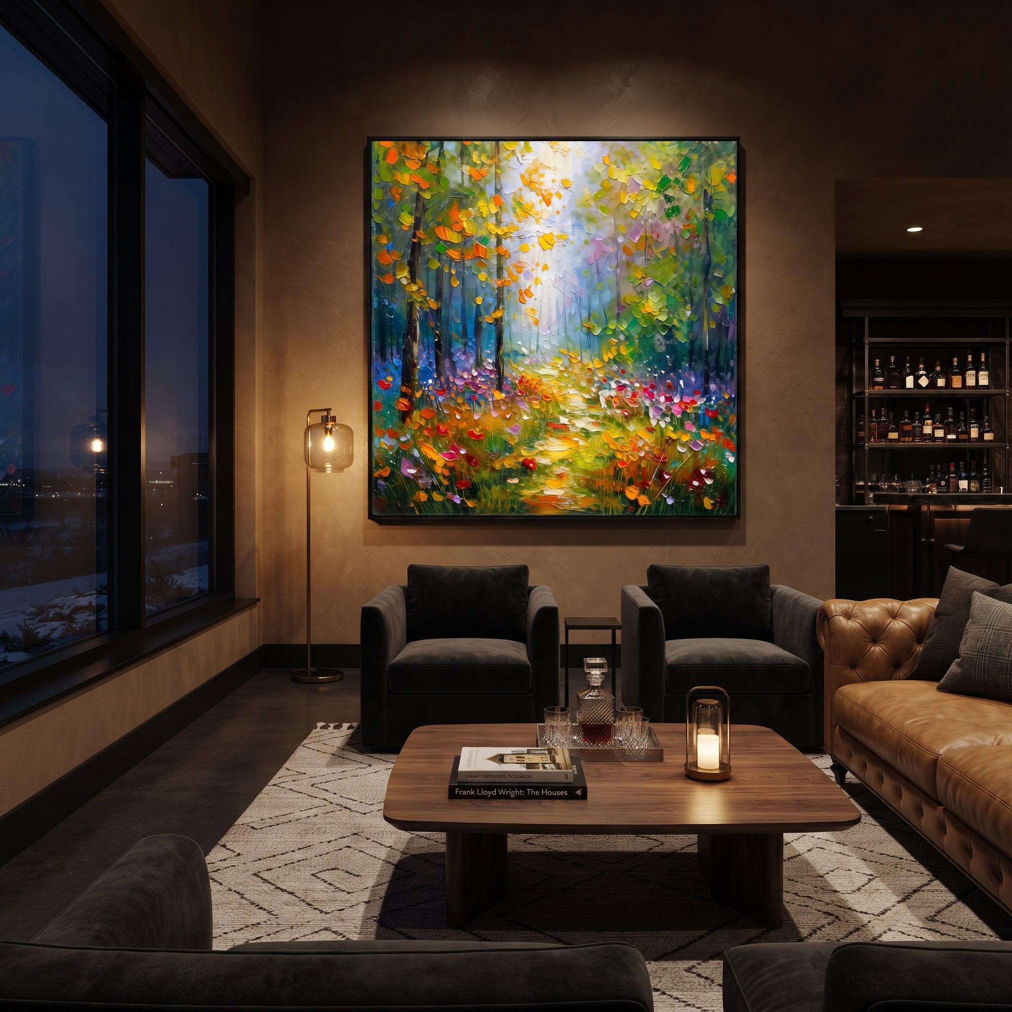"Sunlit Green Woodland Painting" focuses on atmosphere, surface movement, and sculptural heavy impasto craftsmanship rather than a fixed literal storyline. The composition uses this hand-painted square canvas presents a square woodland path glowing with yellow light, green foliage, orange leaves, and small colorful meadow accents as the visual anchor, while layered palette-knife paint, raised plaster-like texture, and softened brush movement create tactile depth across the canvas. Curated with a