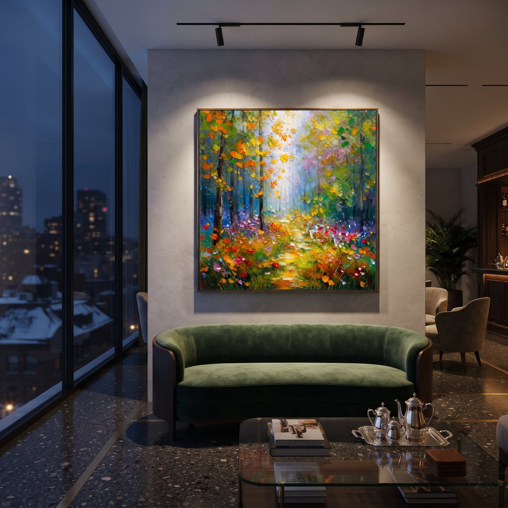 "Sunlit Green Woodland Painting" focuses on atmosphere, surface movement, and sculptural heavy impasto craftsmanship rather than a fixed literal storyline. The composition uses this hand-painted square canvas presents a square woodland path glowing with yellow light, green foliage, orange leaves, and small colorful meadow accents as the visual anchor, while layered palette-knife paint, raised plaster-like texture, and softened brush movement create tactile depth across the canvas. Curated with a