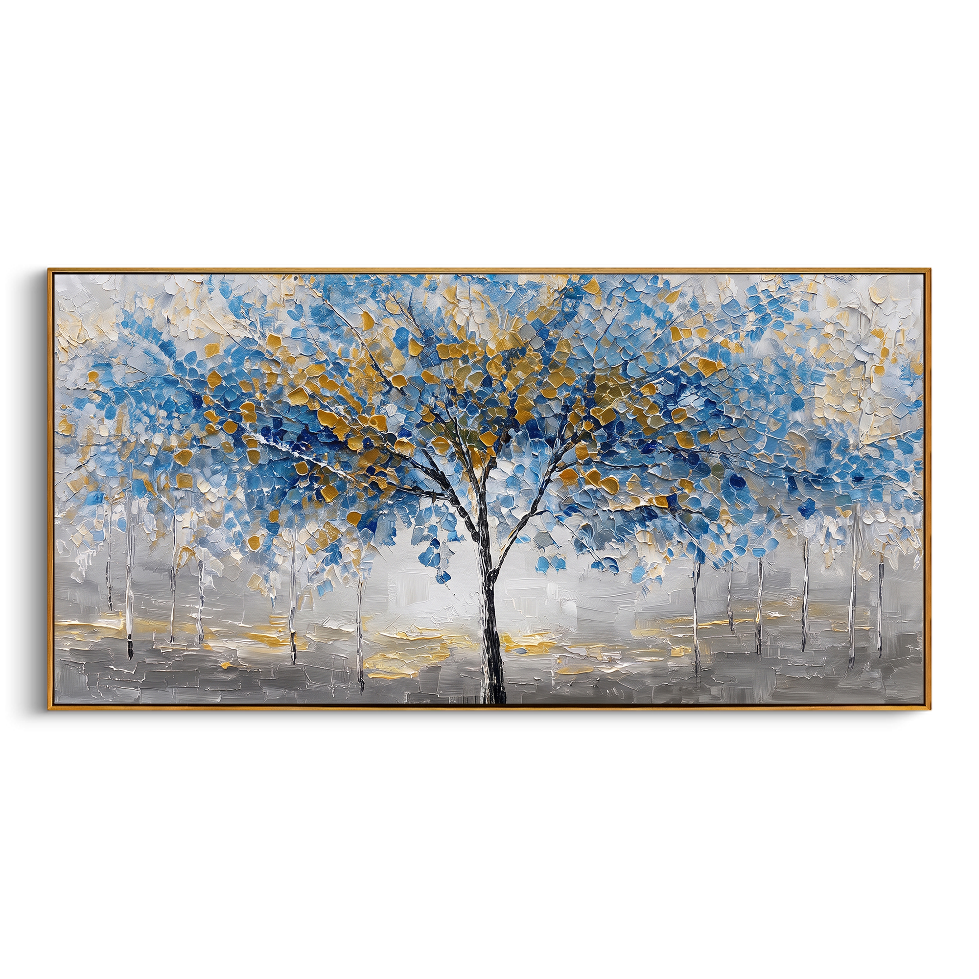 "Blue Gold Tree Painting" focuses on atmosphere, surface movement, and sculptural heavy impasto craftsmanship rather than a fixed literal storyline. The composition uses this hand-painted panoramic canvas presents a central black tree with blue and golden leaves over a grey white textured ground, with slender pale trees in the background as the visual anchor, while layered palette-knife paint, raised plaster-like texture, and softened brush movement create tactile depth across the canvas.