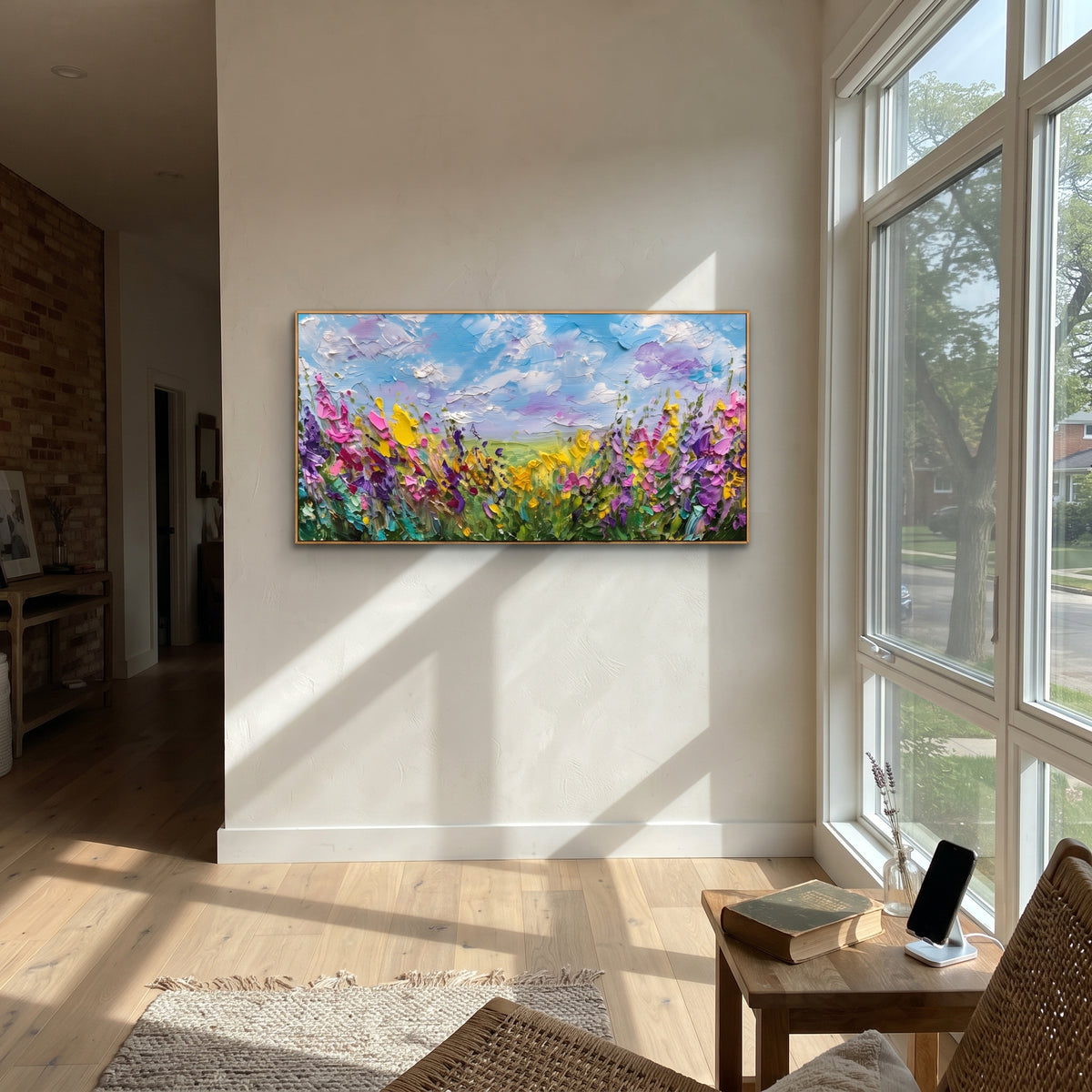 "Wildflower Meadow Painting" focuses on atmosphere, surface movement, and sculptural heavy impasto craftsmanship rather than a fixed literal storyline. The composition uses this hand-painted panoramic canvas presents a panoramic wildflower field with yellow, purple, and pink blooms under a blue sky with raised white cloud texture as the visual anchor, while layered palette-knife paint, raised plaster-like texture, and softened brush movement create tactile depth across the canvas. Curated with a