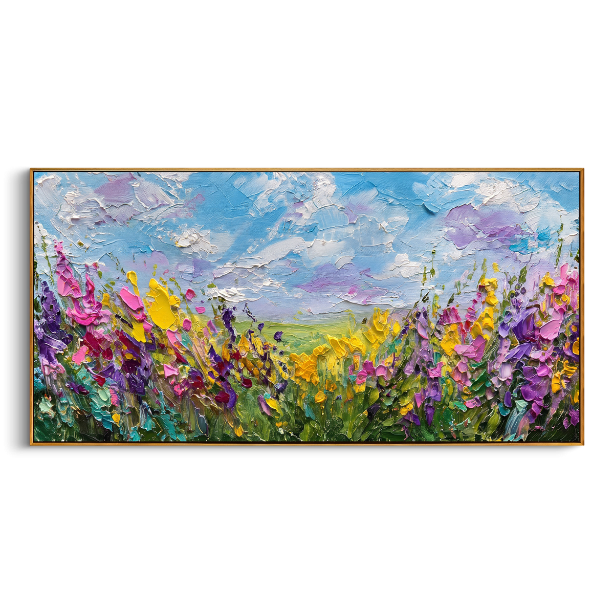 "Wildflower Meadow Painting" - Modern Heavy Impasto Floral Abstract | Yellow & Purple Palette Knife Painting | Luxury Horizontal Wall Art #PT 1461