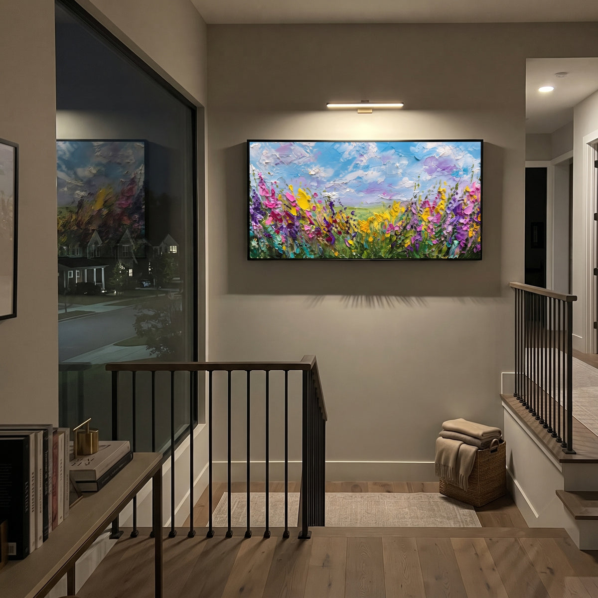 "Wildflower Meadow Painting" focuses on atmosphere, surface movement, and sculptural heavy impasto craftsmanship rather than a fixed literal storyline. The composition uses this hand-painted panoramic canvas presents a panoramic wildflower field with yellow, purple, and pink blooms under a blue sky with raised white cloud texture as the visual anchor, while layered palette-knife paint, raised plaster-like texture, and softened brush movement create tactile depth across the canvas. Curated with a