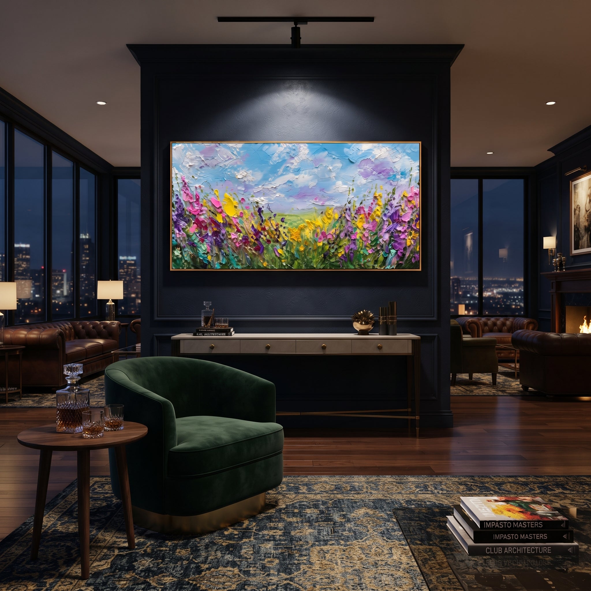 "Wildflower Meadow Painting" focuses on atmosphere, surface movement, and sculptural heavy impasto craftsmanship rather than a fixed literal storyline. The composition uses this hand-painted panoramic canvas presents a panoramic wildflower field with yellow, purple, and pink blooms under a blue sky with raised white cloud texture as the visual anchor, while layered palette-knife paint, raised plaster-like texture, and softened brush movement create tactile depth across the canvas. Curated with a
