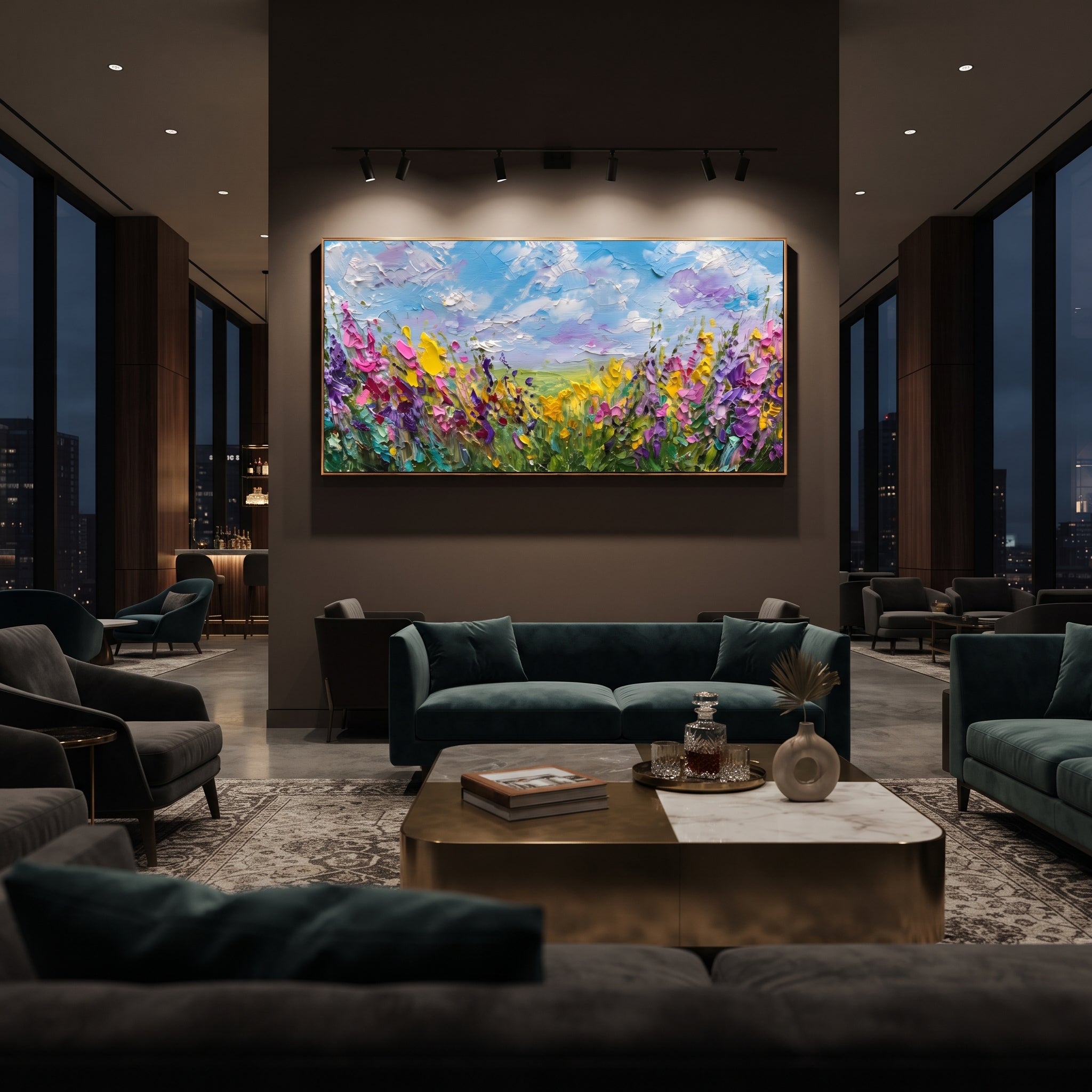 "Wildflower Meadow Painting" focuses on atmosphere, surface movement, and sculptural heavy impasto craftsmanship rather than a fixed literal storyline. The composition uses this hand-painted panoramic canvas presents a panoramic wildflower field with yellow, purple, and pink blooms under a blue sky with raised white cloud texture as the visual anchor, while layered palette-knife paint, raised plaster-like texture, and softened brush movement create tactile depth across the canvas. Curated with a
