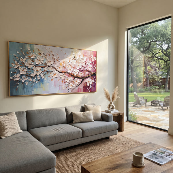 "White Blossom Branch Painting" - Modern Heavy Impasto Floral Abstract | White & Blue Palette Knife Painting | Luxury Horizontal Wall Art #PT 1462