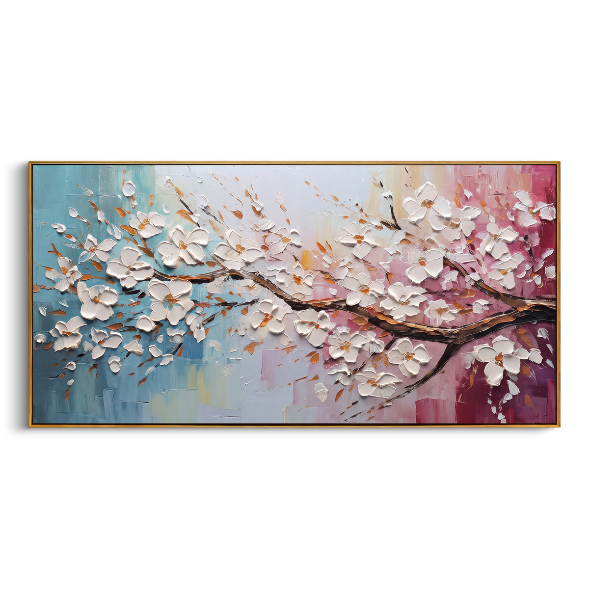 "White Blossom Branch Painting" - Modern Heavy Impasto Floral Abstract | White & Blue Palette Knife Painting | Luxury Horizontal Wall Art #PT 1462