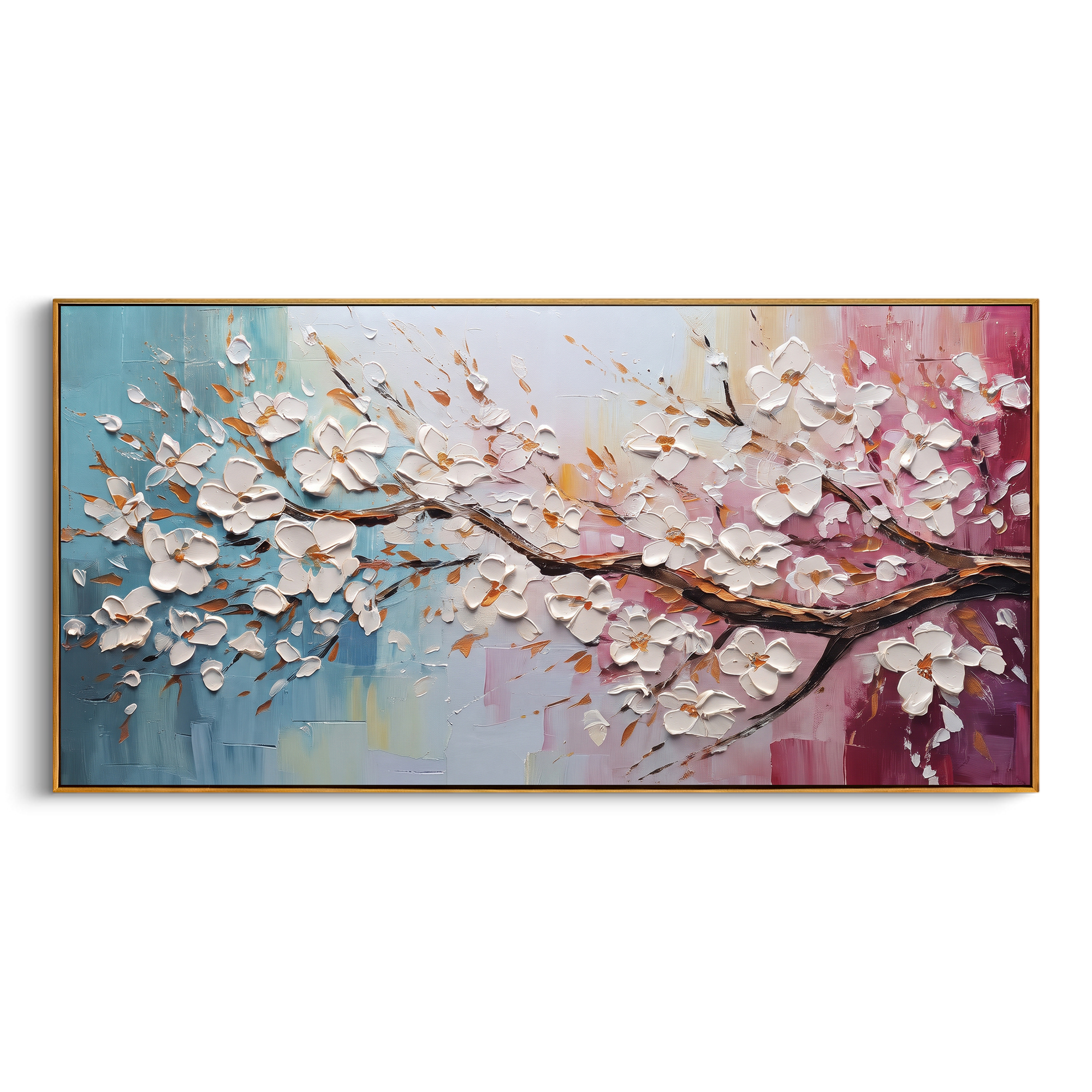 "White Blossom Branch Painting" focuses on atmosphere, surface movement, and sculptural heavy impasto craftsmanship rather than a fixed literal storyline. The composition uses this hand-painted panoramic canvas presents a sweeping branch of raised white blossoms crossing blue, cream, and pink textured background panels with warm brown leaf accents as the visual anchor, while layered palette-knife paint, raised plaster-like texture, and softened brush movement create tactile depth across the