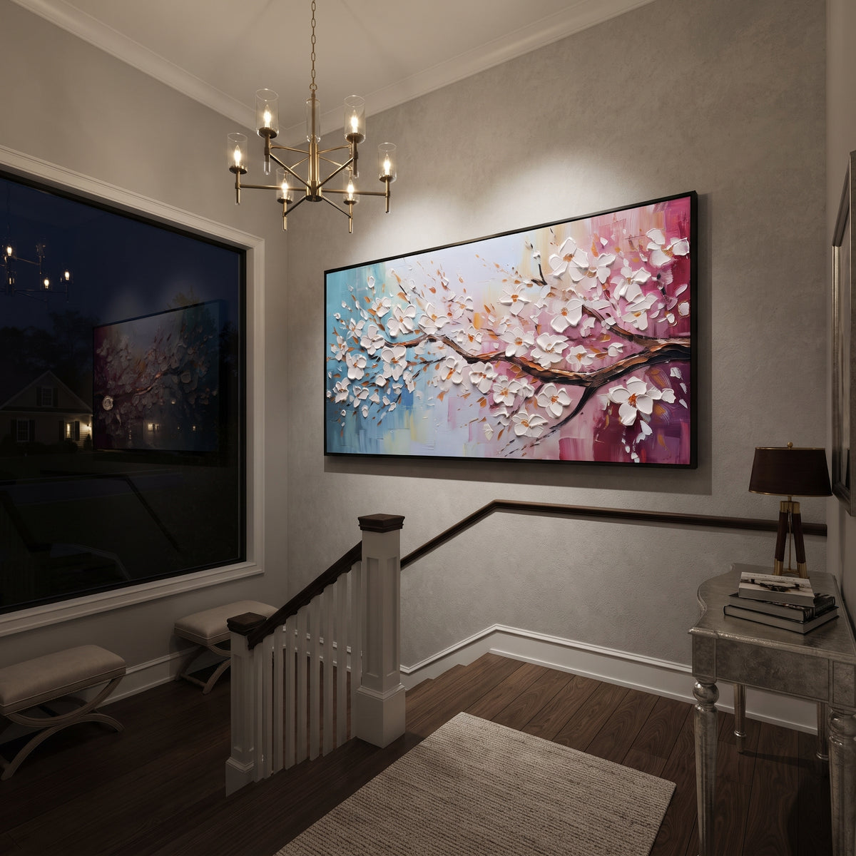 "White Blossom Branch Painting" focuses on atmosphere, surface movement, and sculptural heavy impasto craftsmanship rather than a fixed literal storyline. The composition uses this hand-painted panoramic canvas presents a sweeping branch of raised white blossoms crossing blue, cream, and pink textured background panels with warm brown leaf accents as the visual anchor, while layered palette-knife paint, raised plaster-like texture, and softened brush movement create tactile depth across the