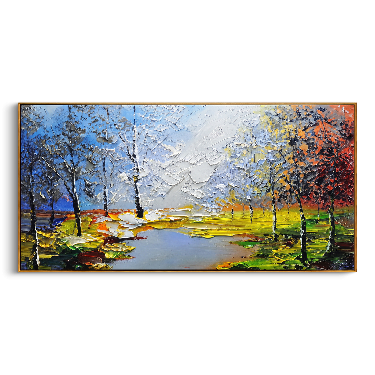"Bright Lakeside Birch Painting" - Modern Heavy Impasto Abstract Artwork | Green & Blue Palette Knife Painting | Luxury Horizontal Wall Art #PT 1463
