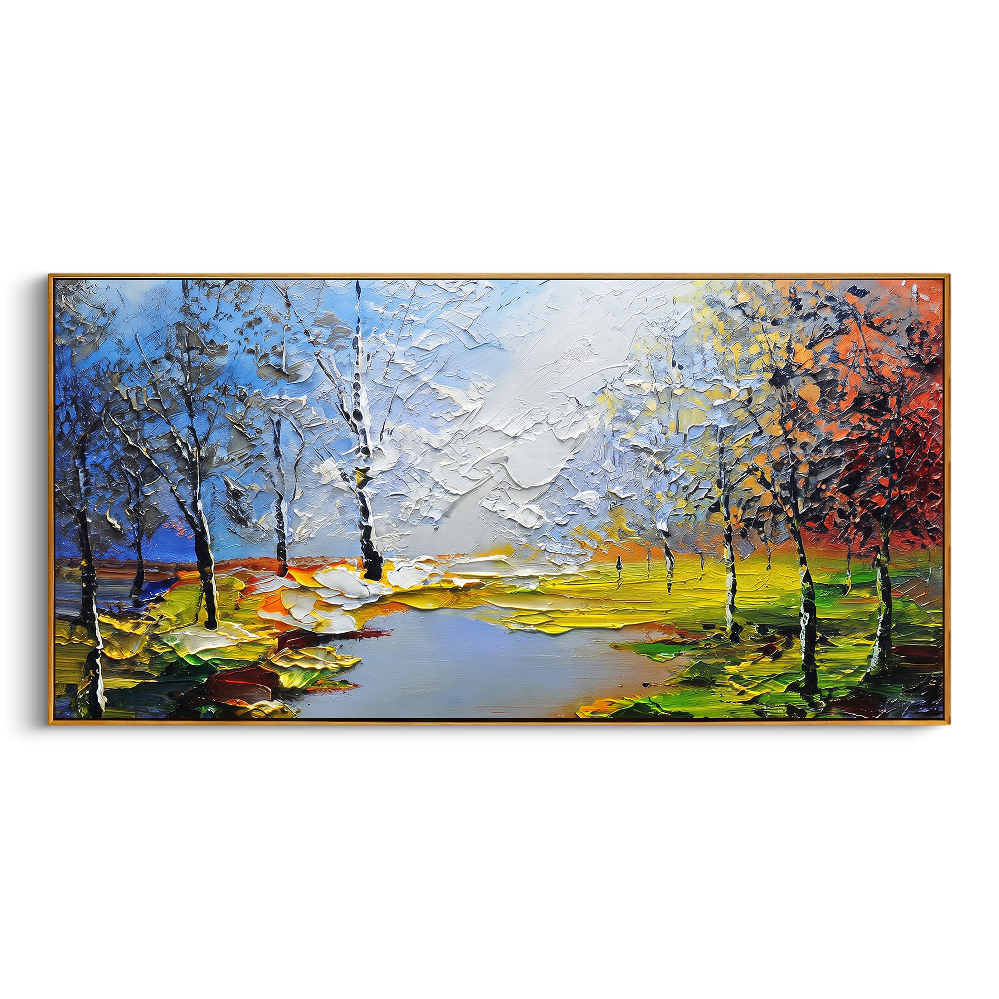 "Bright Lakeside Birch Painting" focuses on atmosphere, surface movement, and sculptural heavy impasto craftsmanship rather than a fixed literal storyline. The composition uses this hand-painted panoramic canvas presents a lakeside landscape with slender birch trees, bright green banks, blue sky, white clouds, and orange red trees at the edge as the visual anchor, while layered palette-knife paint, raised plaster-like texture, and softened brush movement create tactile depth across the canvas.