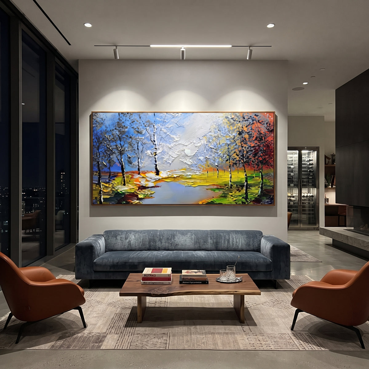 "Bright Lakeside Birch Painting" focuses on atmosphere, surface movement, and sculptural heavy impasto craftsmanship rather than a fixed literal storyline. The composition uses this hand-painted panoramic canvas presents a lakeside landscape with slender birch trees, bright green banks, blue sky, white clouds, and orange red trees at the edge as the visual anchor, while layered palette-knife paint, raised plaster-like texture, and softened brush movement create tactile depth across the canvas.